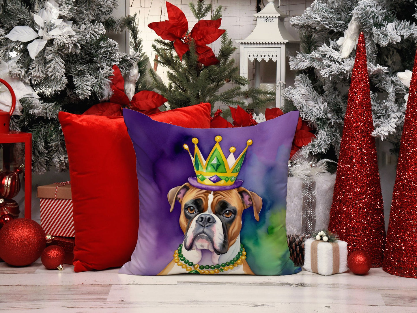 Boxer King of Mardi Gras Throw Pillow Machine Washable, Indoor Outdoor Decorative Pillow for Couch, Bed or Patio, 14Hx14W