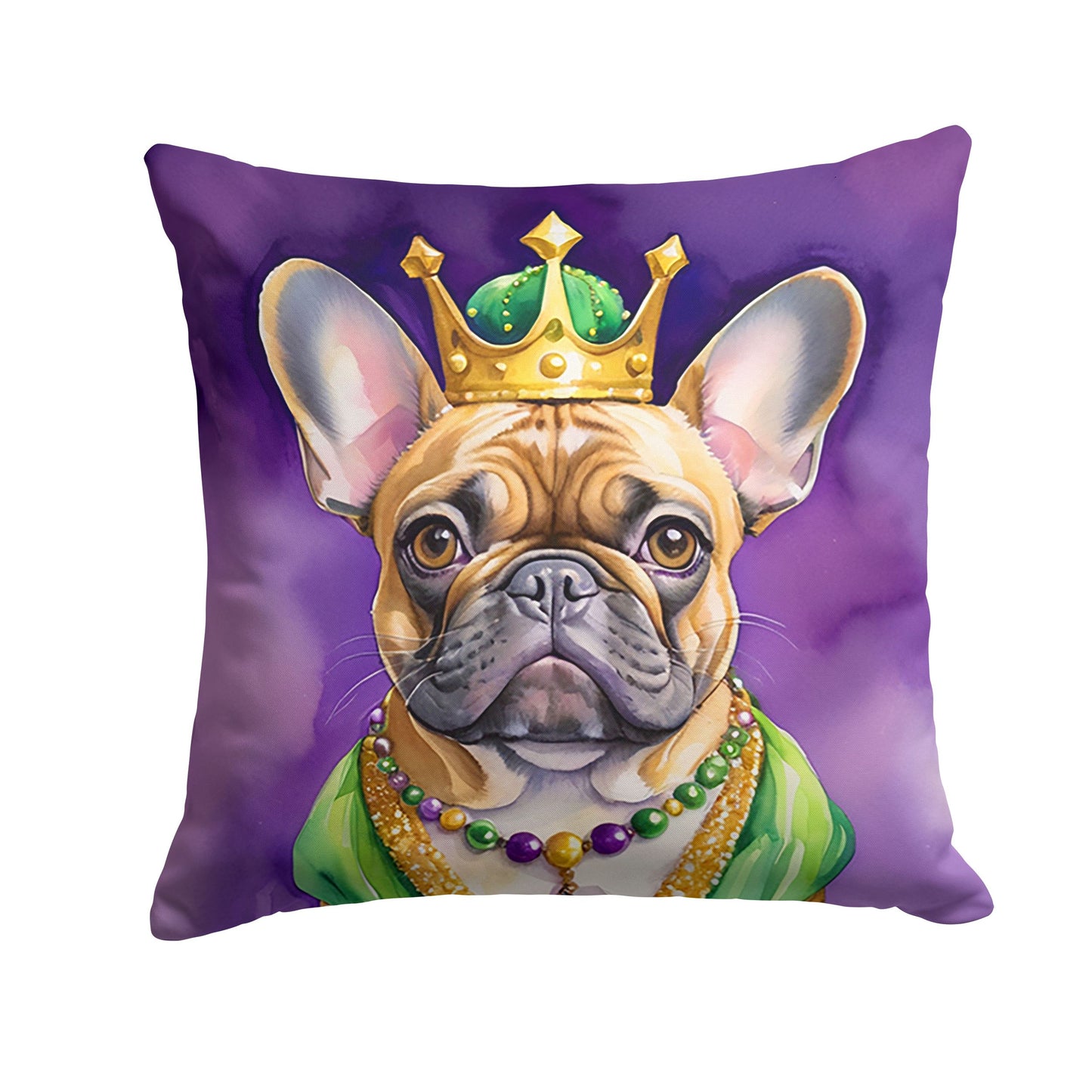 French Bulldog King of Mardi Gras Throw Pillow Machine Washable, Indoor Outdoor Decorative Pillow for Couch, Bed or Patio, 14Hx14W