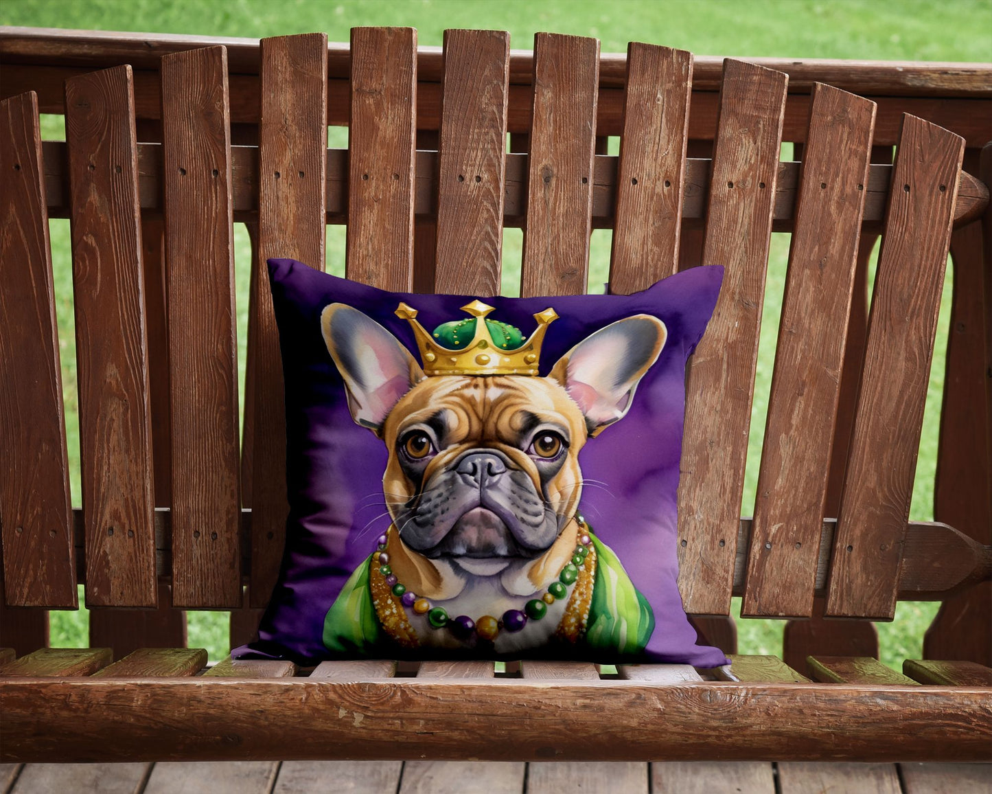 French Bulldog King of Mardi Gras Throw Pillow Machine Washable, Indoor Outdoor Decorative Pillow for Couch, Bed or Patio, 14Hx14W