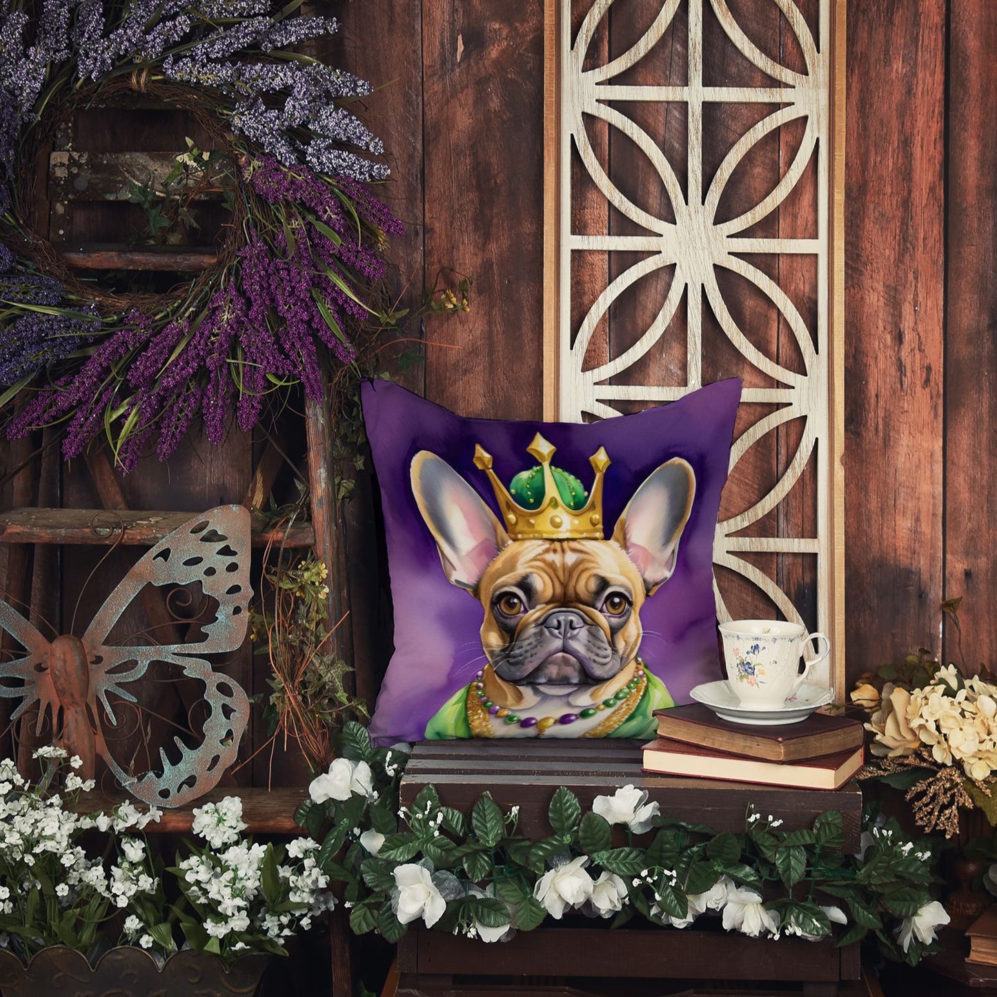 French Bulldog King of Mardi Gras Throw Pillow Machine Washable, Indoor Outdoor Decorative Pillow for Couch, Bed or Patio, 14Hx14W