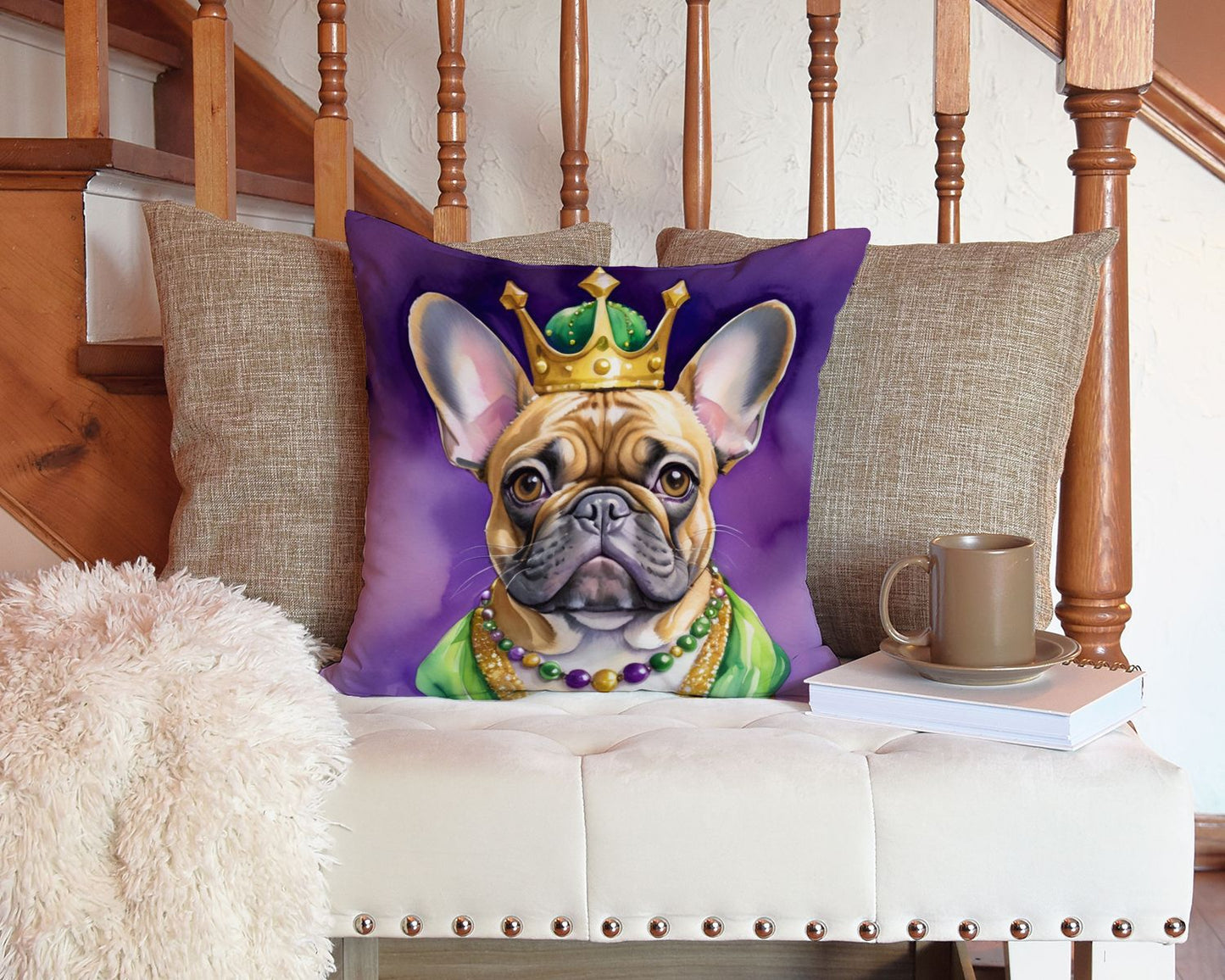 French Bulldog King of Mardi Gras Throw Pillow Machine Washable, Indoor Outdoor Decorative Pillow for Couch, Bed or Patio, 14Hx14W