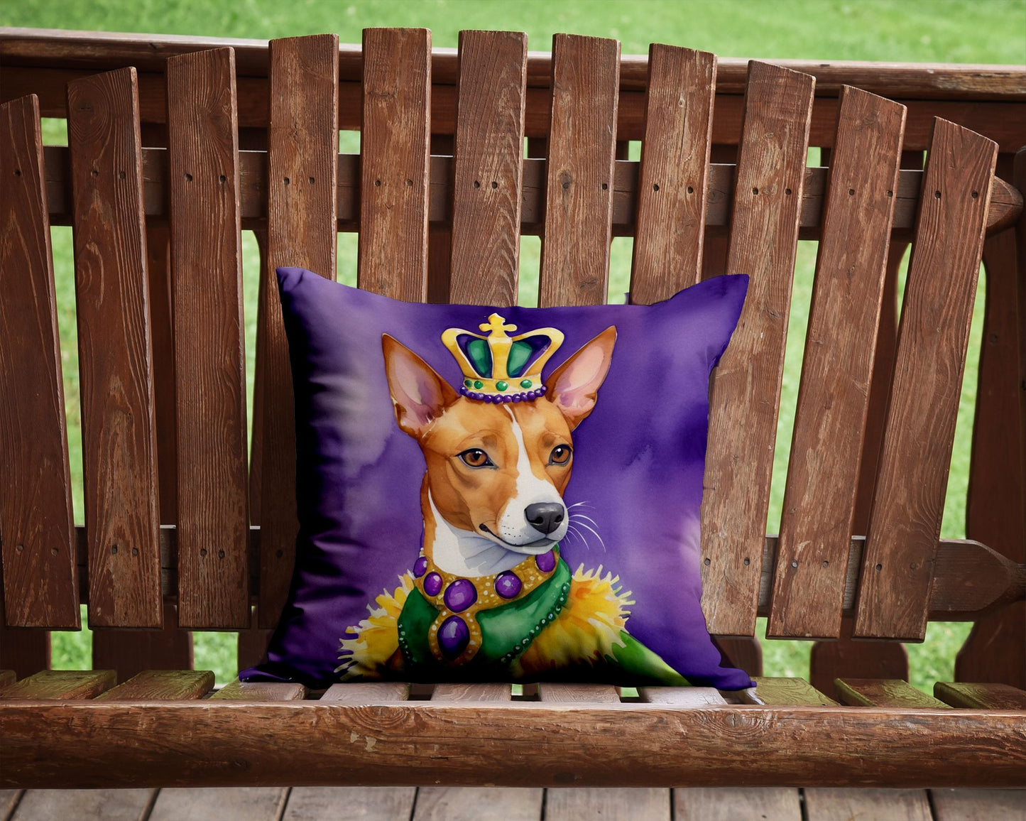 Basenji King of Mardi Gras Throw Pillow Machine Washable, Indoor Outdoor Decorative Pillow for Couch, Bed or Patio, 14Hx14W