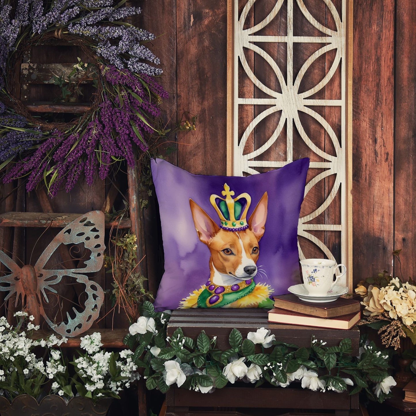 Basenji King of Mardi Gras Throw Pillow Machine Washable, Indoor Outdoor Decorative Pillow for Couch, Bed or Patio, 14Hx14W
