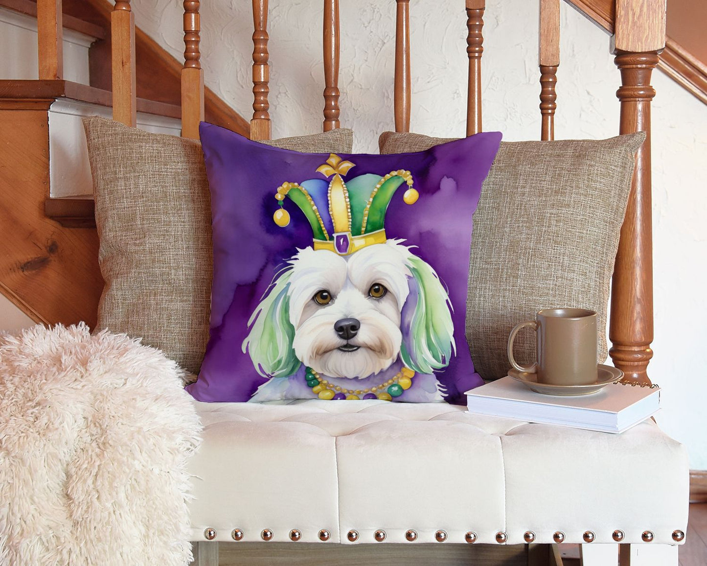 Coton de Tulear King of Mardi Gras Throw Pillow Machine Washable, Indoor Outdoor Decorative Pillow for Couch, Bed or Patio, 14Hx14W
