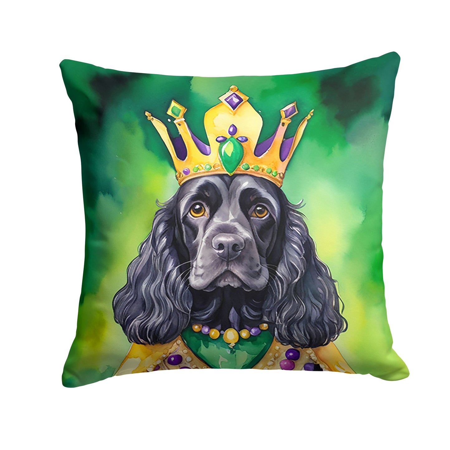 Cocker Spaniel King of Mardi Gras Throw Pillow Machine Washable, Indoor Outdoor Decorative Pillow for Couch, Bed or Patio, 14Hx14W
