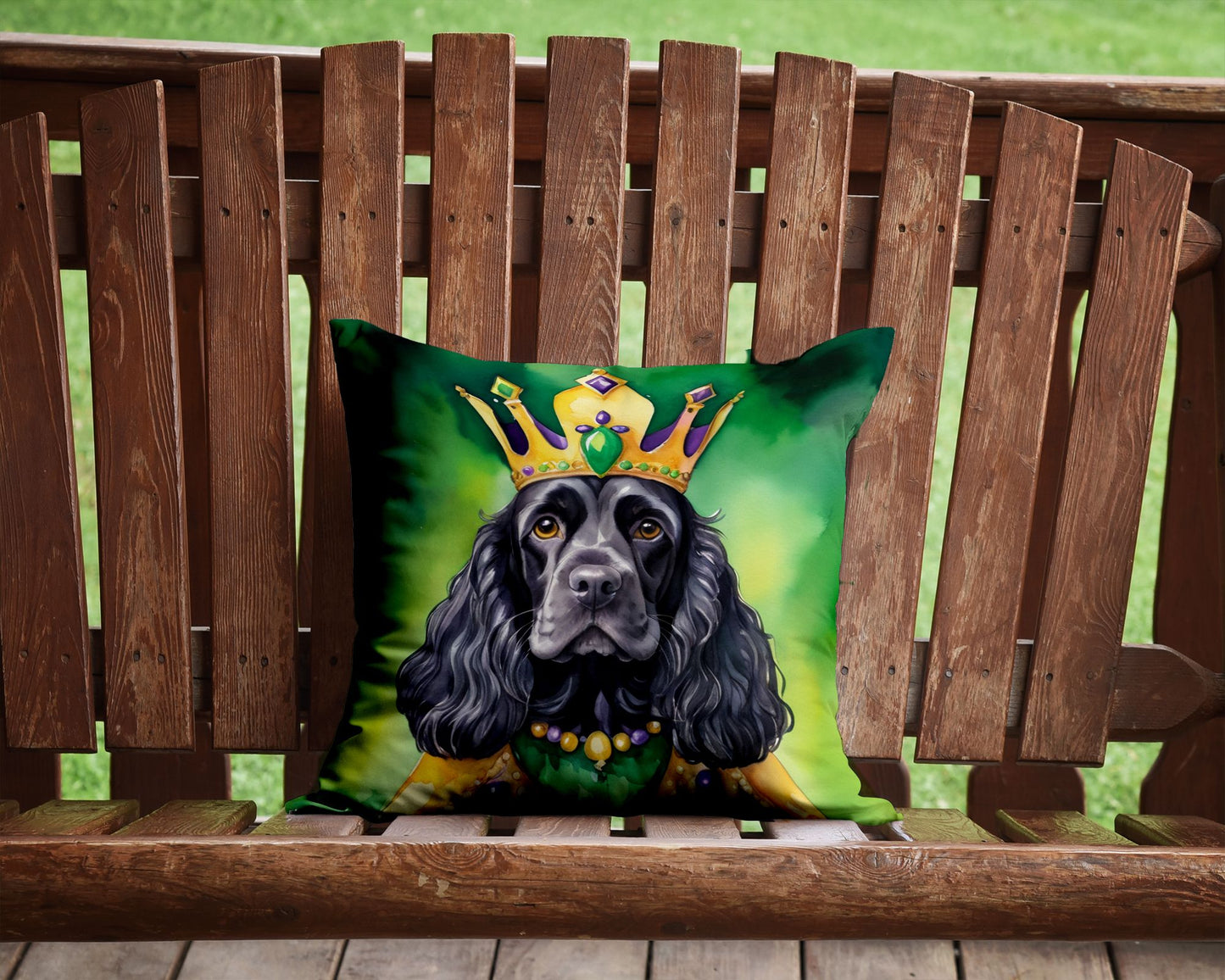 Cocker Spaniel King of Mardi Gras Throw Pillow Machine Washable, Indoor Outdoor Decorative Pillow for Couch, Bed or Patio, 14Hx14W