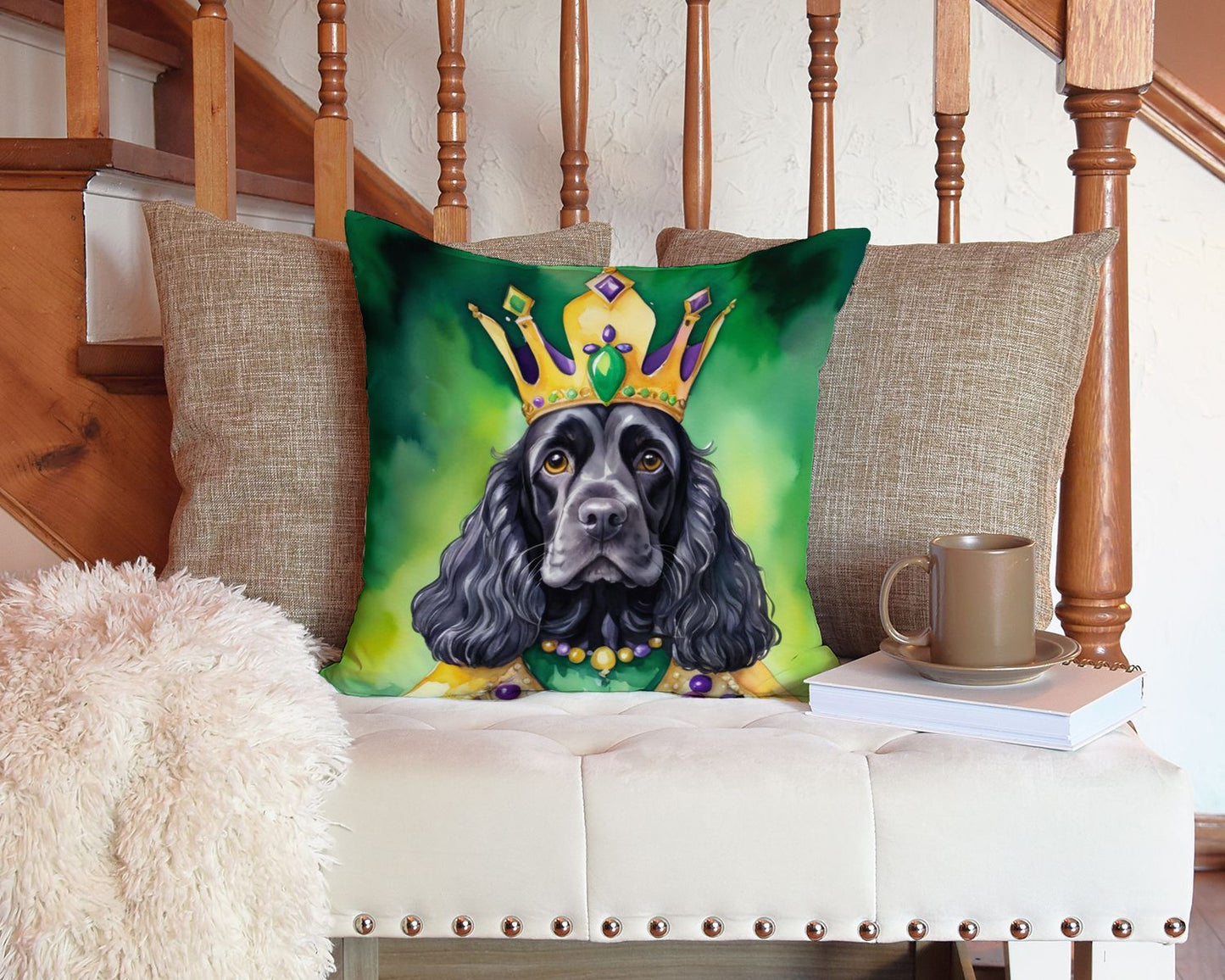 Cocker Spaniel King of Mardi Gras Throw Pillow Machine Washable, Indoor Outdoor Decorative Pillow for Couch, Bed or Patio, 14Hx14W
