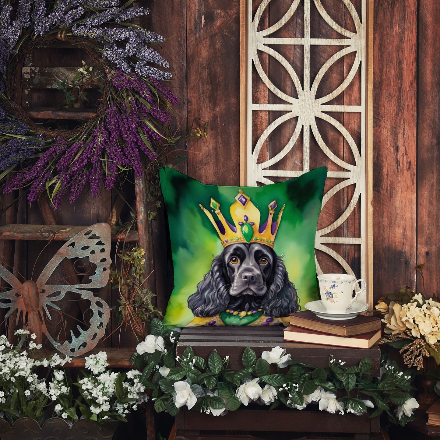 Cocker Spaniel King of Mardi Gras Throw Pillow Machine Washable, Indoor Outdoor Decorative Pillow for Couch, Bed or Patio, 14Hx14W