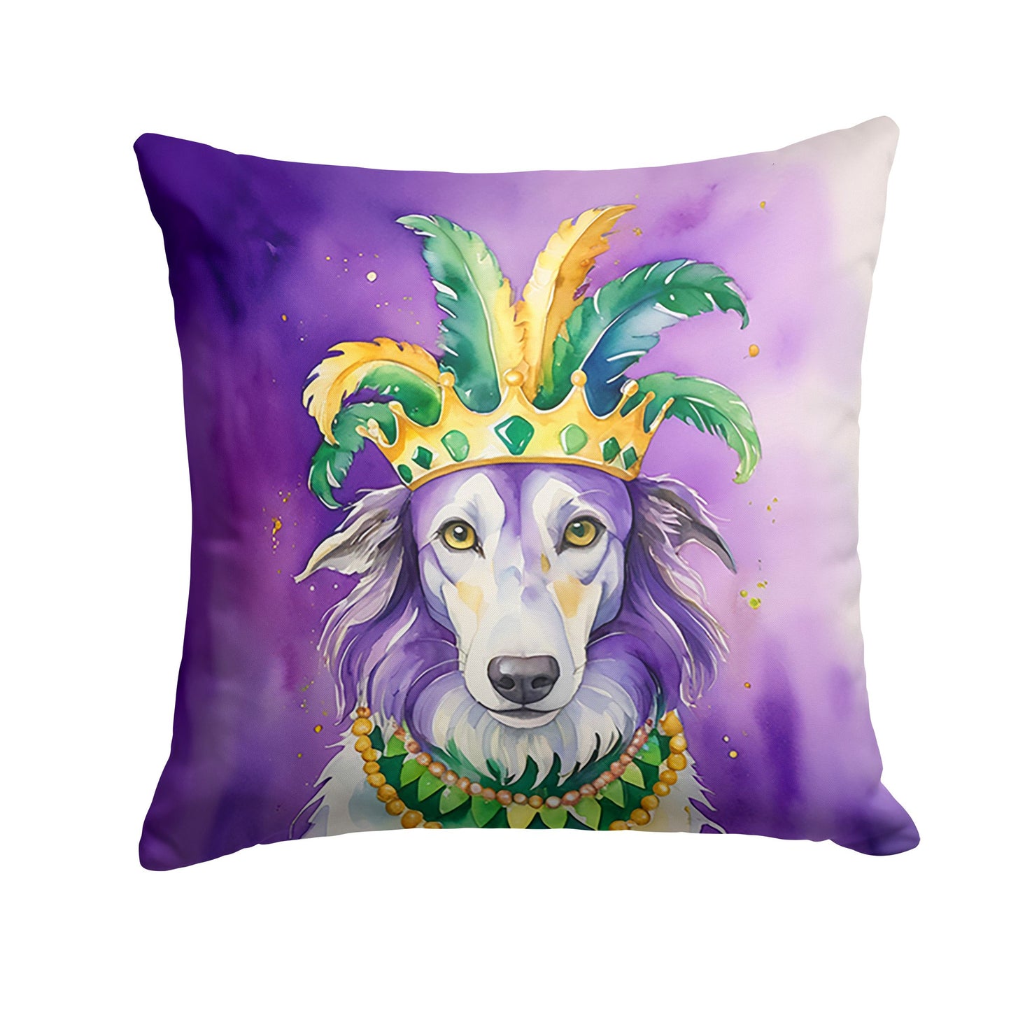 Borzoi King of Mardi Gras Throw Pillow Machine Washable, Indoor Outdoor Decorative Pillow for Couch, Bed or Patio, 14Hx14W