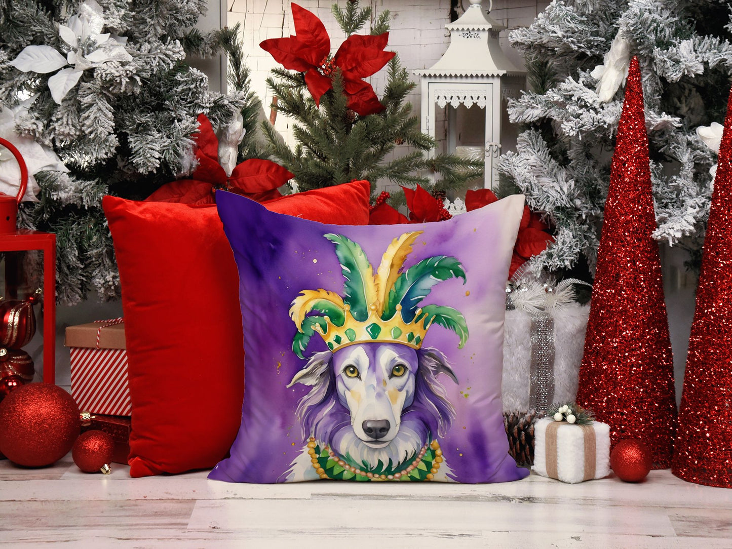 Borzoi King of Mardi Gras Throw Pillow Machine Washable, Indoor Outdoor Decorative Pillow for Couch, Bed or Patio, 14Hx14W