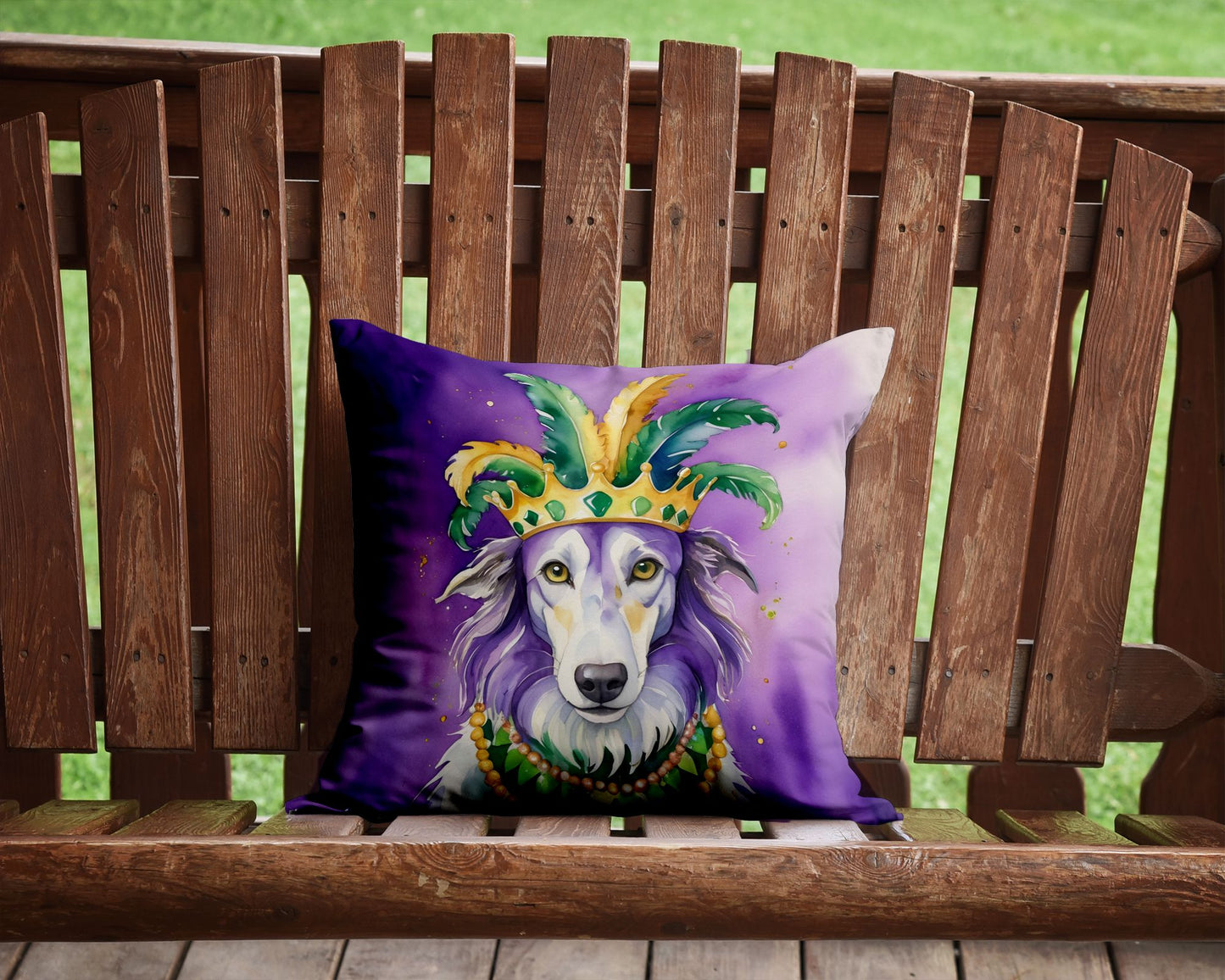 Borzoi King of Mardi Gras Throw Pillow Machine Washable, Indoor Outdoor Decorative Pillow for Couch, Bed or Patio, 14Hx14W