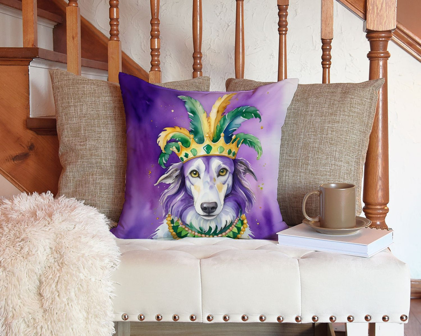 Borzoi King of Mardi Gras Throw Pillow Machine Washable, Indoor Outdoor Decorative Pillow for Couch, Bed or Patio, 14Hx14W