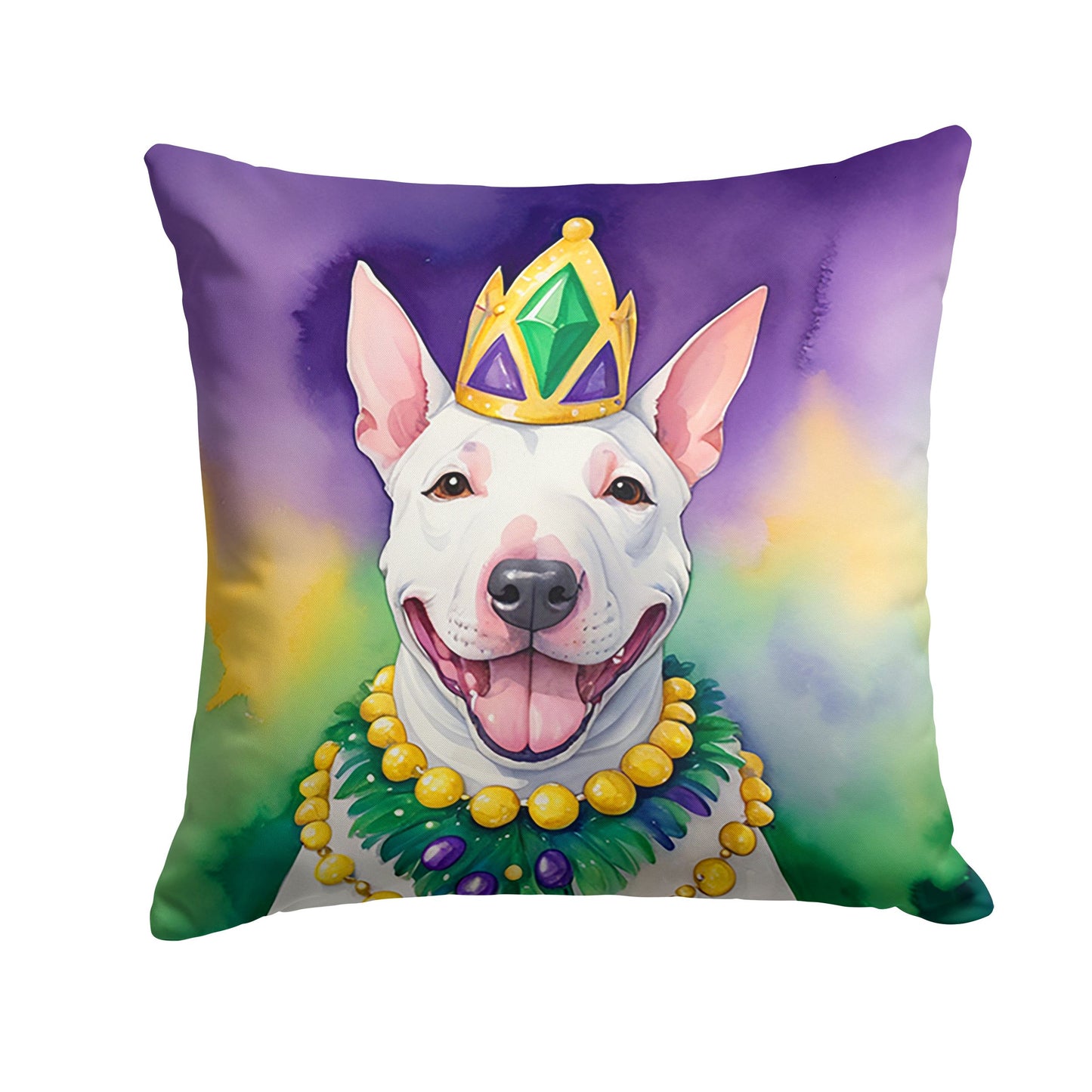 English Bull Terrier King of Mardi Gras Throw Pillow Machine Washable, Indoor Outdoor Decorative Pillow for Couch, Bed or Patio, 14Hx14W