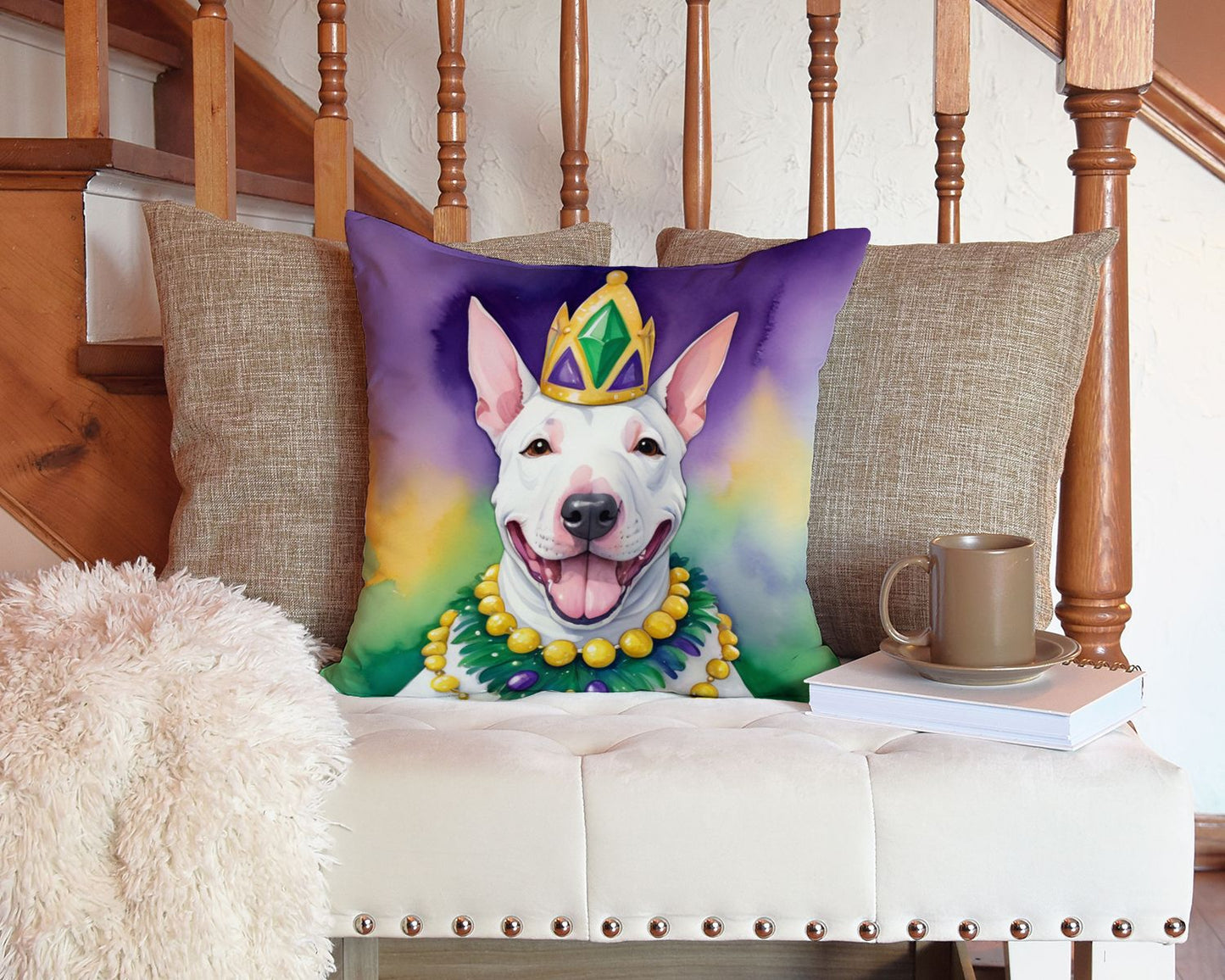 English Bull Terrier King of Mardi Gras Throw Pillow Machine Washable, Indoor Outdoor Decorative Pillow for Couch, Bed or Patio, 14Hx14W
