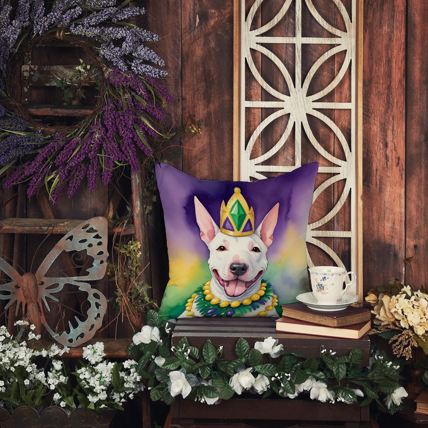 English Bull Terrier King of Mardi Gras Throw Pillow Machine Washable, Indoor Outdoor Decorative Pillow for Couch, Bed or Patio, 14Hx14W