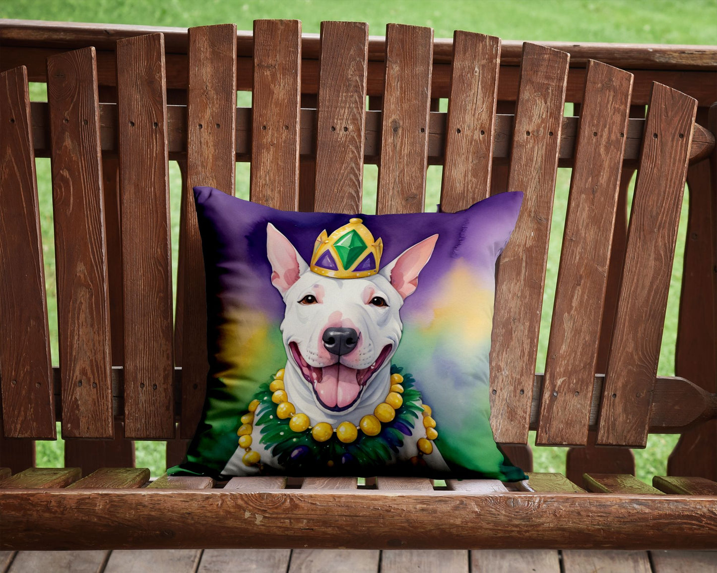 English Bull Terrier King of Mardi Gras Throw Pillow Machine Washable, Indoor Outdoor Decorative Pillow for Couch, Bed or Patio, 14Hx14W