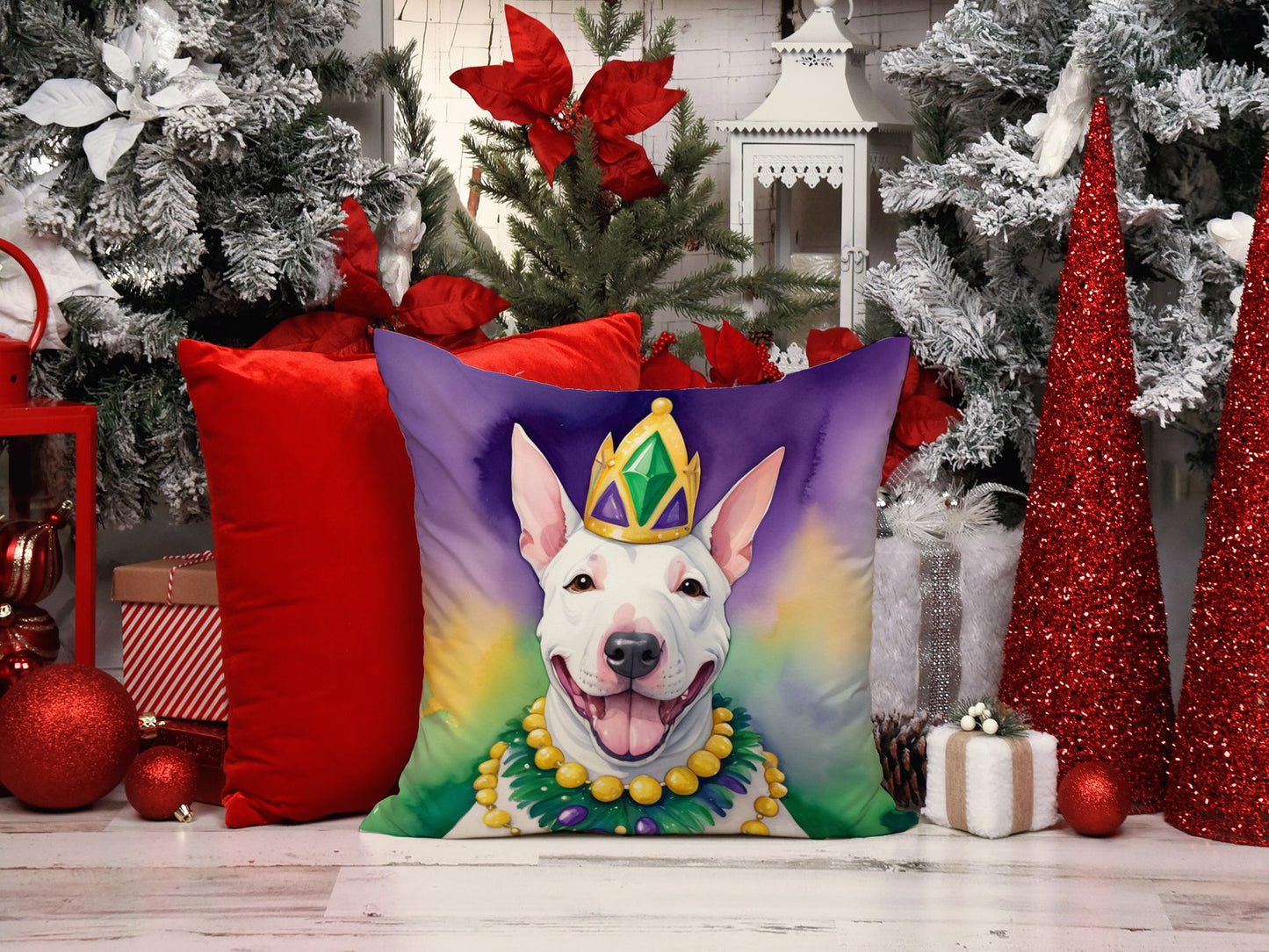 English Bull Terrier King of Mardi Gras Throw Pillow Machine Washable, Indoor Outdoor Decorative Pillow for Couch, Bed or Patio, 14Hx14W