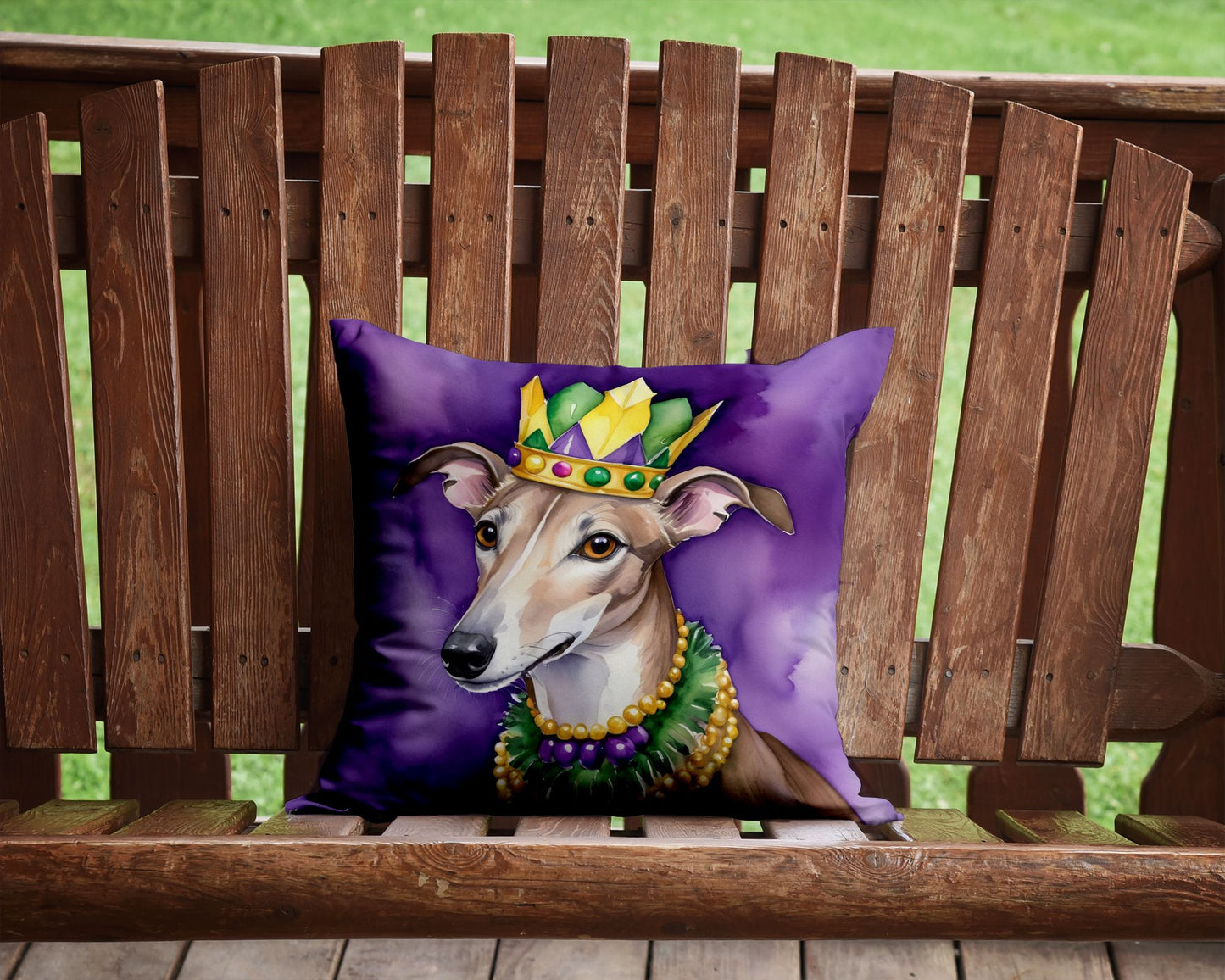 Greyhound King of Mardi Gras Throw Pillow Machine Washable, Indoor Outdoor Decorative Pillow for Couch, Bed or Patio, 14Hx14W