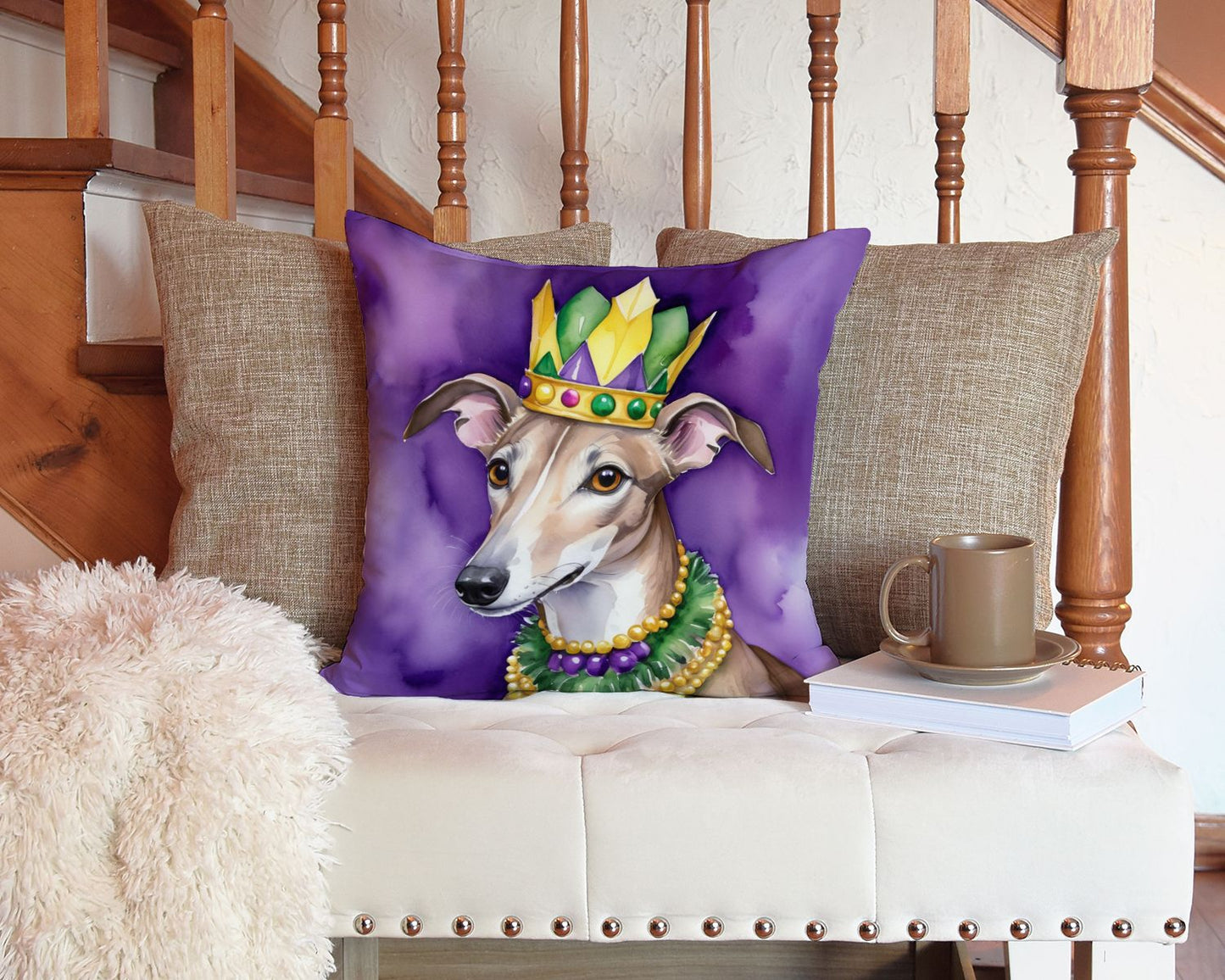 Greyhound King of Mardi Gras Throw Pillow Machine Washable, Indoor Outdoor Decorative Pillow for Couch, Bed or Patio, 14Hx14W