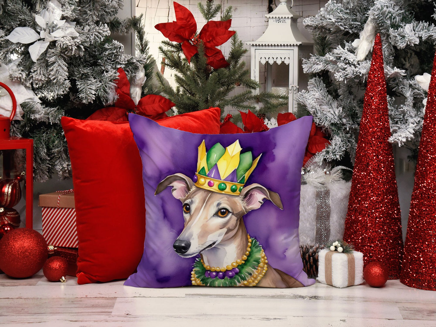 Greyhound King of Mardi Gras Throw Pillow Machine Washable, Indoor Outdoor Decorative Pillow for Couch, Bed or Patio, 14Hx14W
