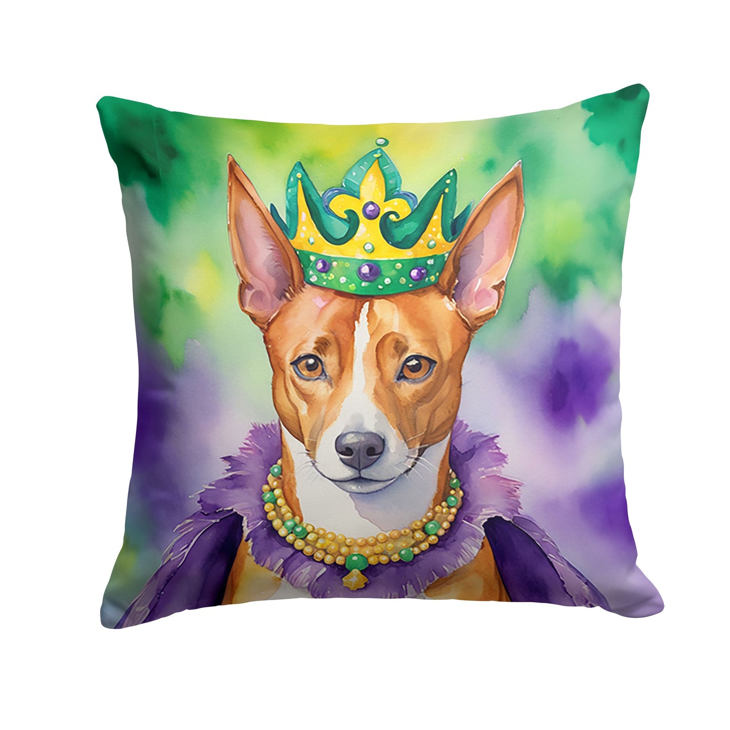 Basenji King of Mardi Gras Throw Pillow Machine Washable, Indoor Outdoor Decorative Pillow for Couch, Bed or Patio, 14Hx14W