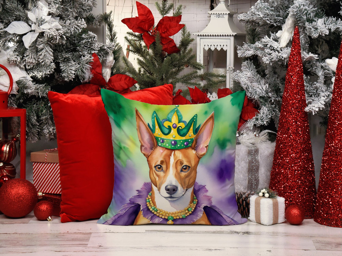 Basenji King of Mardi Gras Throw Pillow Machine Washable, Indoor Outdoor Decorative Pillow for Couch, Bed or Patio, 14Hx14W