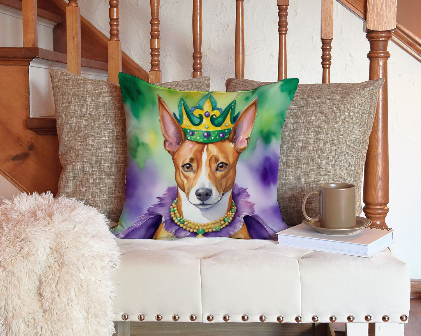 Basenji King of Mardi Gras Throw Pillow Machine Washable, Indoor Outdoor Decorative Pillow for Couch, Bed or Patio, 14Hx14W