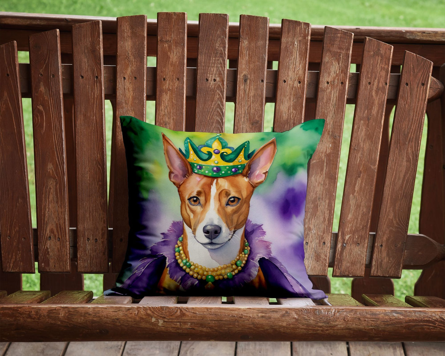 Basenji King of Mardi Gras Throw Pillow Machine Washable, Indoor Outdoor Decorative Pillow for Couch, Bed or Patio, 14Hx14W