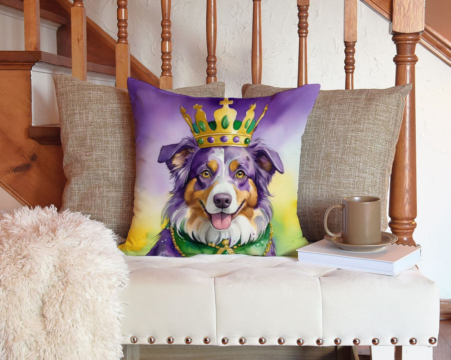 Australian Shepherd King of Mardi Gras Throw Pillow Machine Washable, Indoor Outdoor Decorative Pillow for Couch, Bed or Patio, 14Hx14W