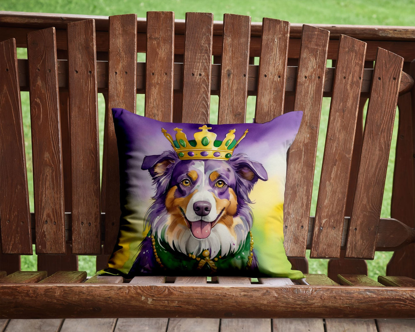 Australian Shepherd King of Mardi Gras Throw Pillow Machine Washable, Indoor Outdoor Decorative Pillow for Couch, Bed or Patio, 14Hx14W