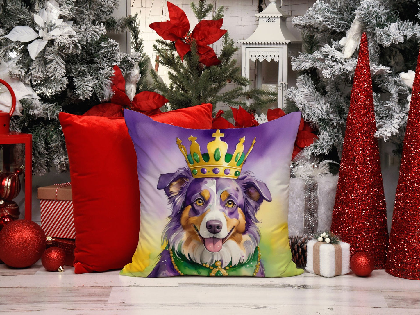 Australian Shepherd King of Mardi Gras Throw Pillow Machine Washable, Indoor Outdoor Decorative Pillow for Couch, Bed or Patio, 14Hx14W