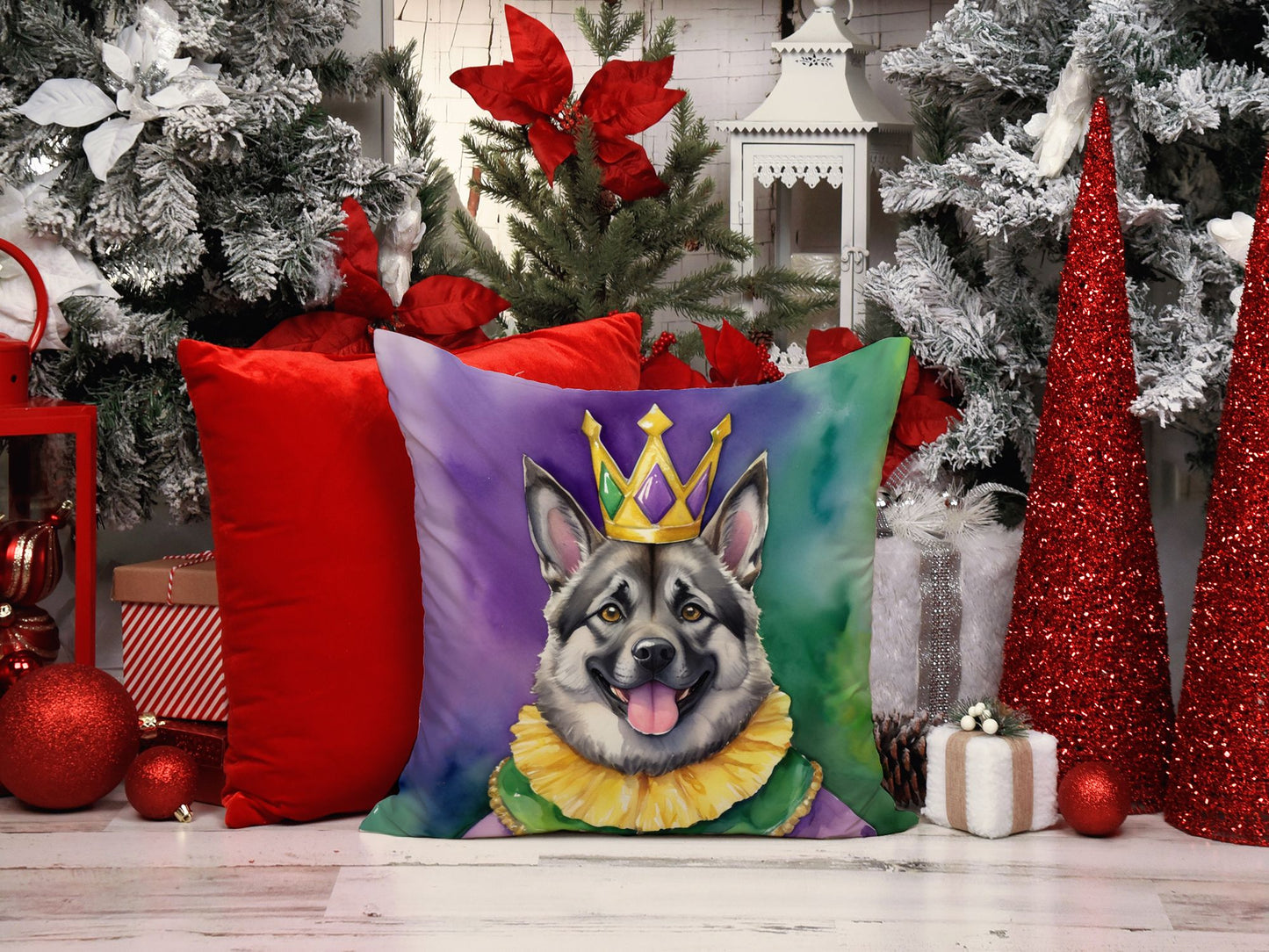 Norwegian Elkhound King of Mardi Gras Throw Pillow Machine Washable, Indoor Outdoor Decorative Pillow for Couch, Bed or Patio, 18Hx18W