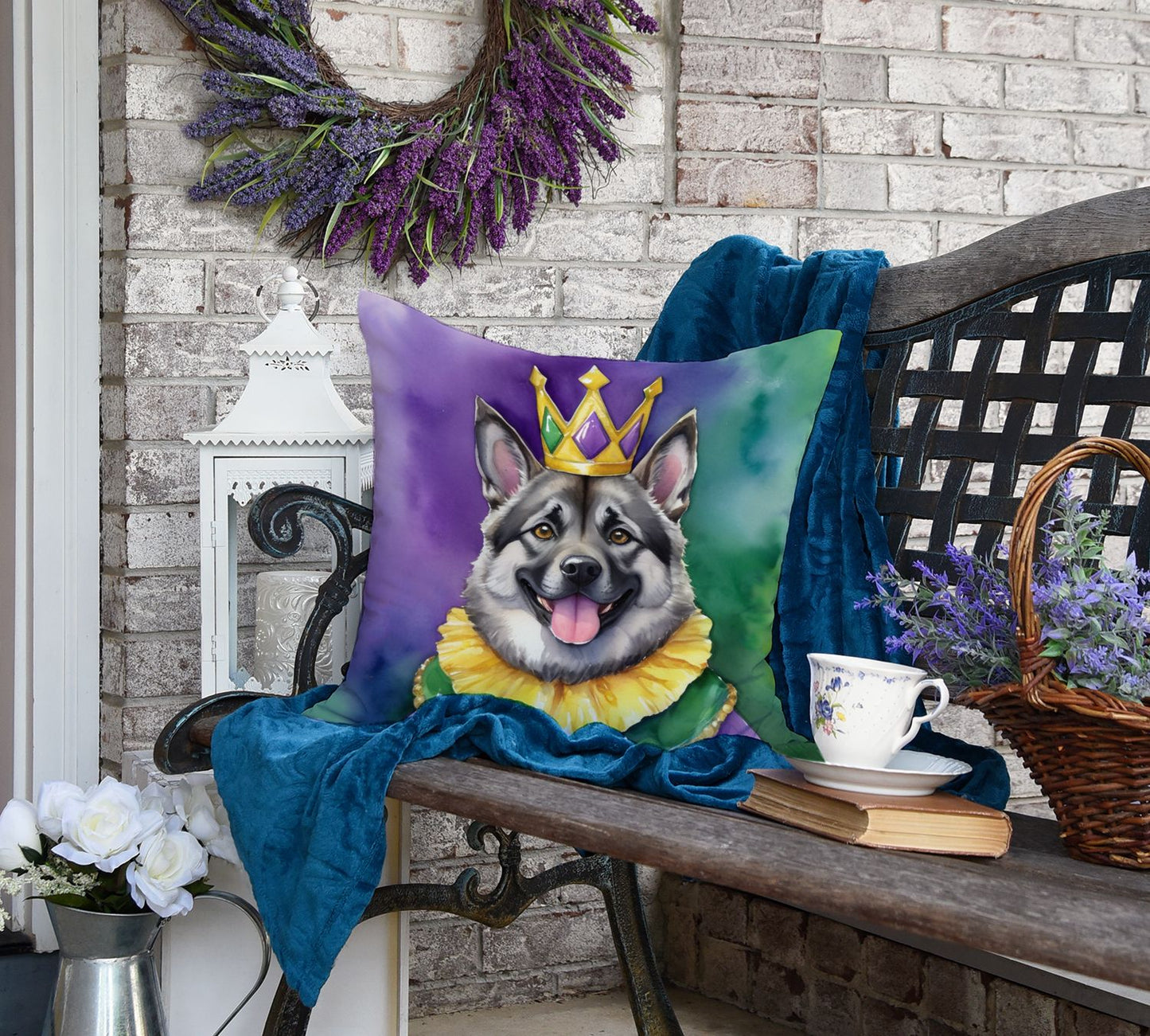 Norwegian Elkhound King of Mardi Gras Throw Pillow Machine Washable, Indoor Outdoor Decorative Pillow for Couch, Bed or Patio, 18Hx18W