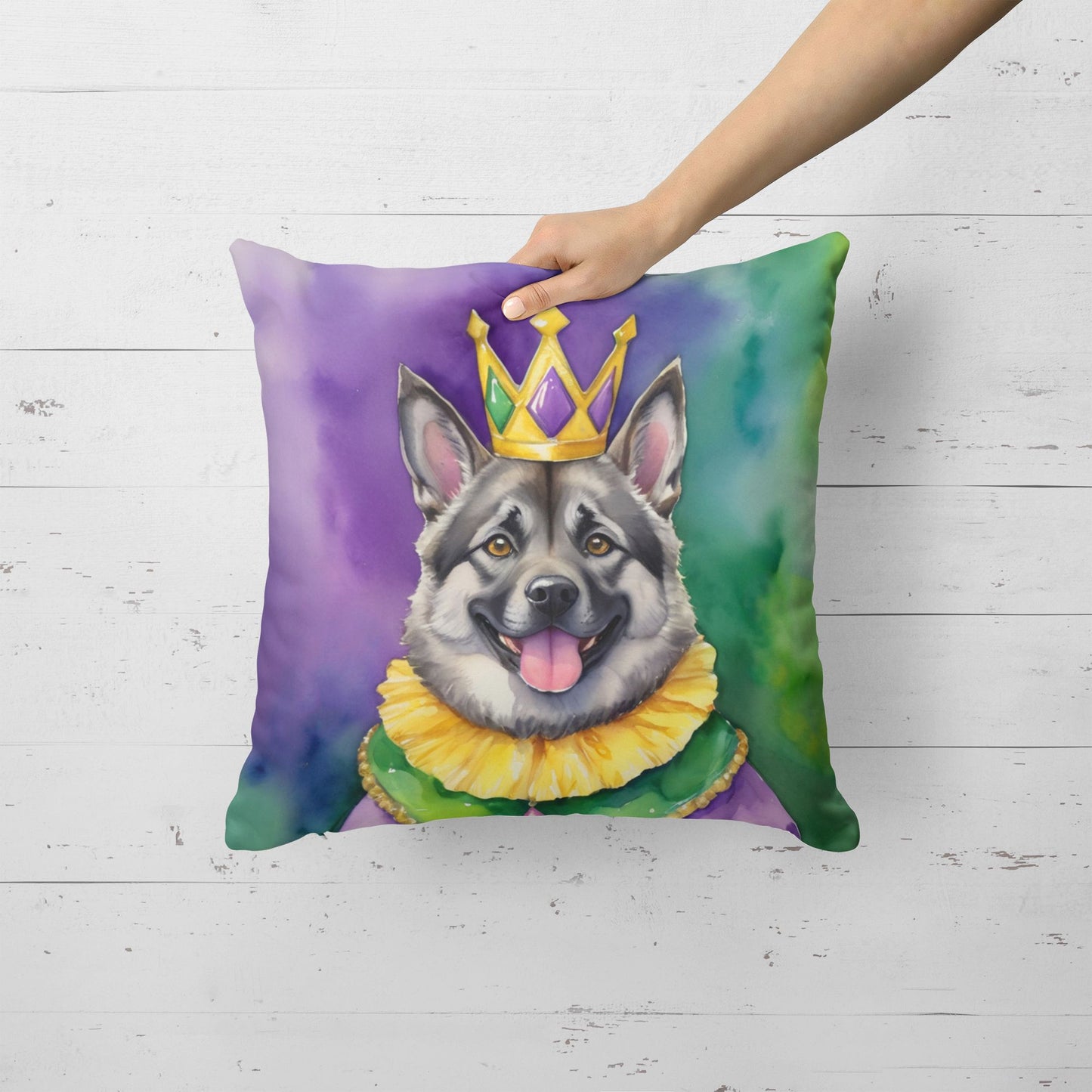 Norwegian Elkhound King of Mardi Gras Throw Pillow Machine Washable, Indoor Outdoor Decorative Pillow for Couch, Bed or Patio, 18Hx18W
