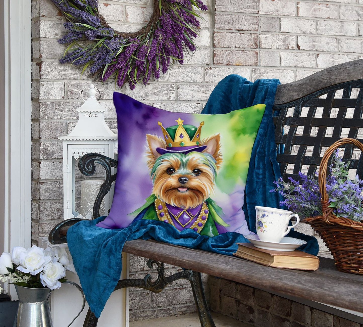 Yorkshire Terrier King of Mardi Gras Throw Pillow Machine Washable, Indoor Outdoor Decorative Pillow for Couch, Bed or Patio, 18Hx18W