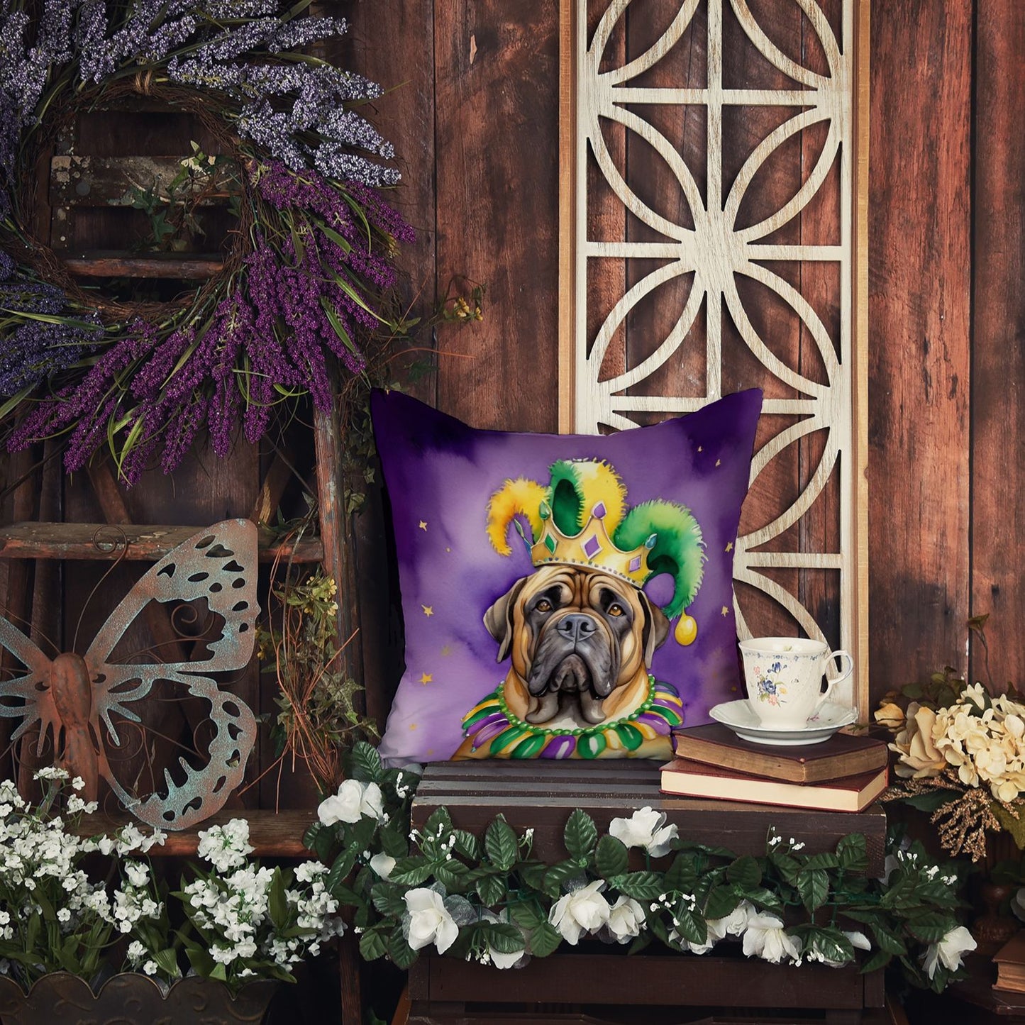Mastiff King of Mardi Gras Throw Pillow Machine Washable, Indoor Outdoor Decorative Pillow for Couch, Bed or Patio, 18Hx18W