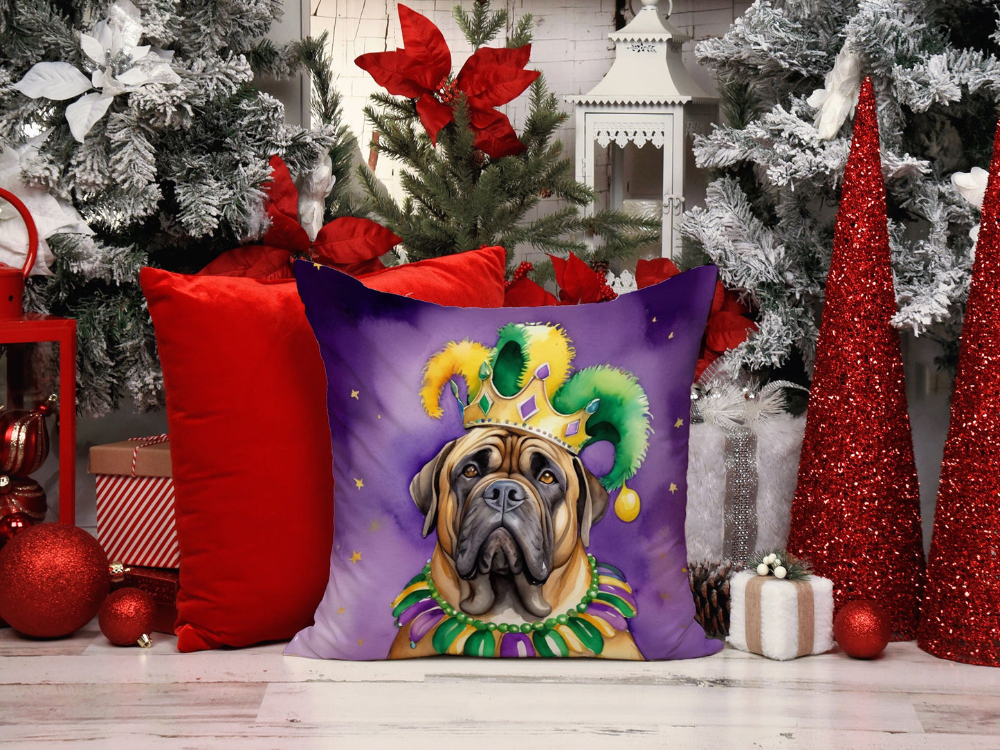 Mastiff King of Mardi Gras Throw Pillow Machine Washable, Indoor Outdoor Decorative Pillow for Couch, Bed or Patio, 18Hx18W