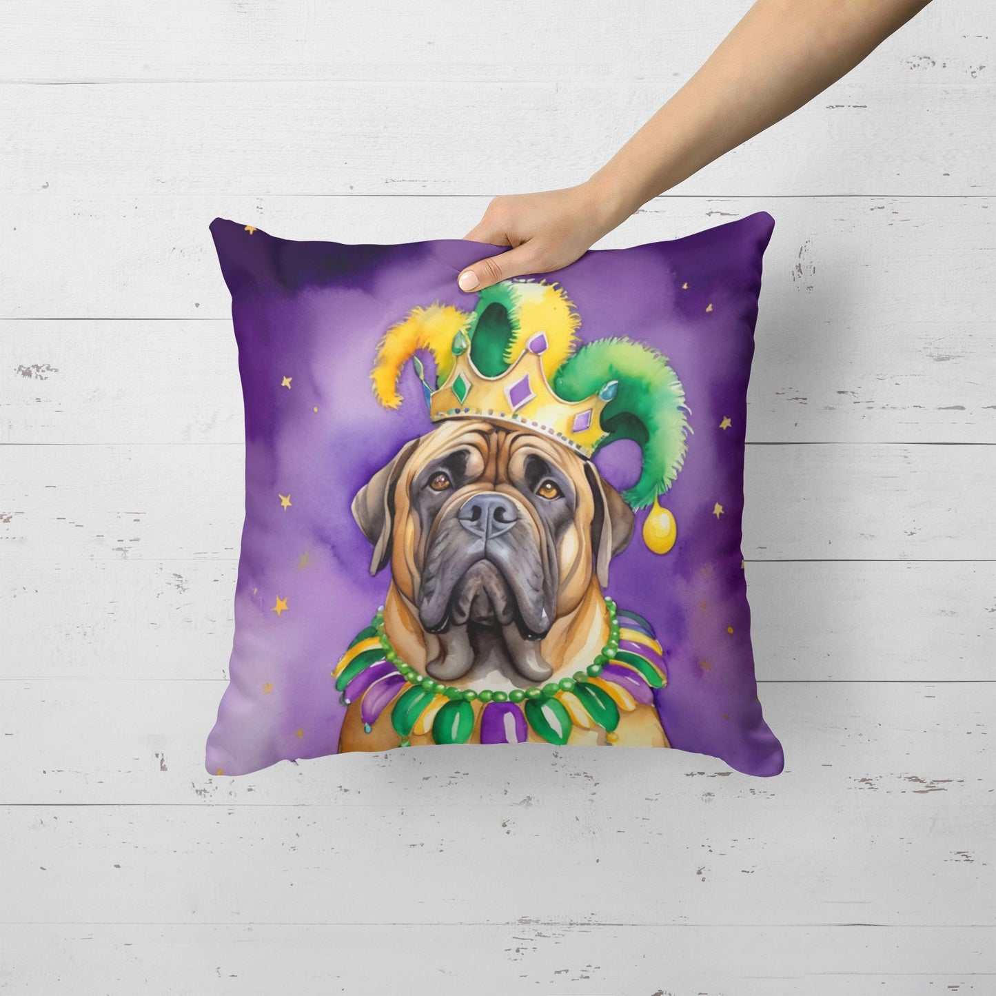 Mastiff King of Mardi Gras Throw Pillow Machine Washable, Indoor Outdoor Decorative Pillow for Couch, Bed or Patio, 18Hx18W