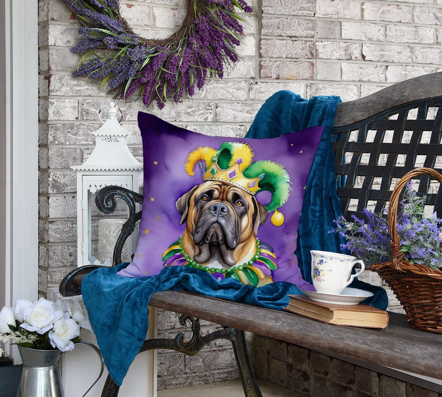 Mastiff King of Mardi Gras Throw Pillow Machine Washable, Indoor Outdoor Decorative Pillow for Couch, Bed or Patio, 18Hx18W