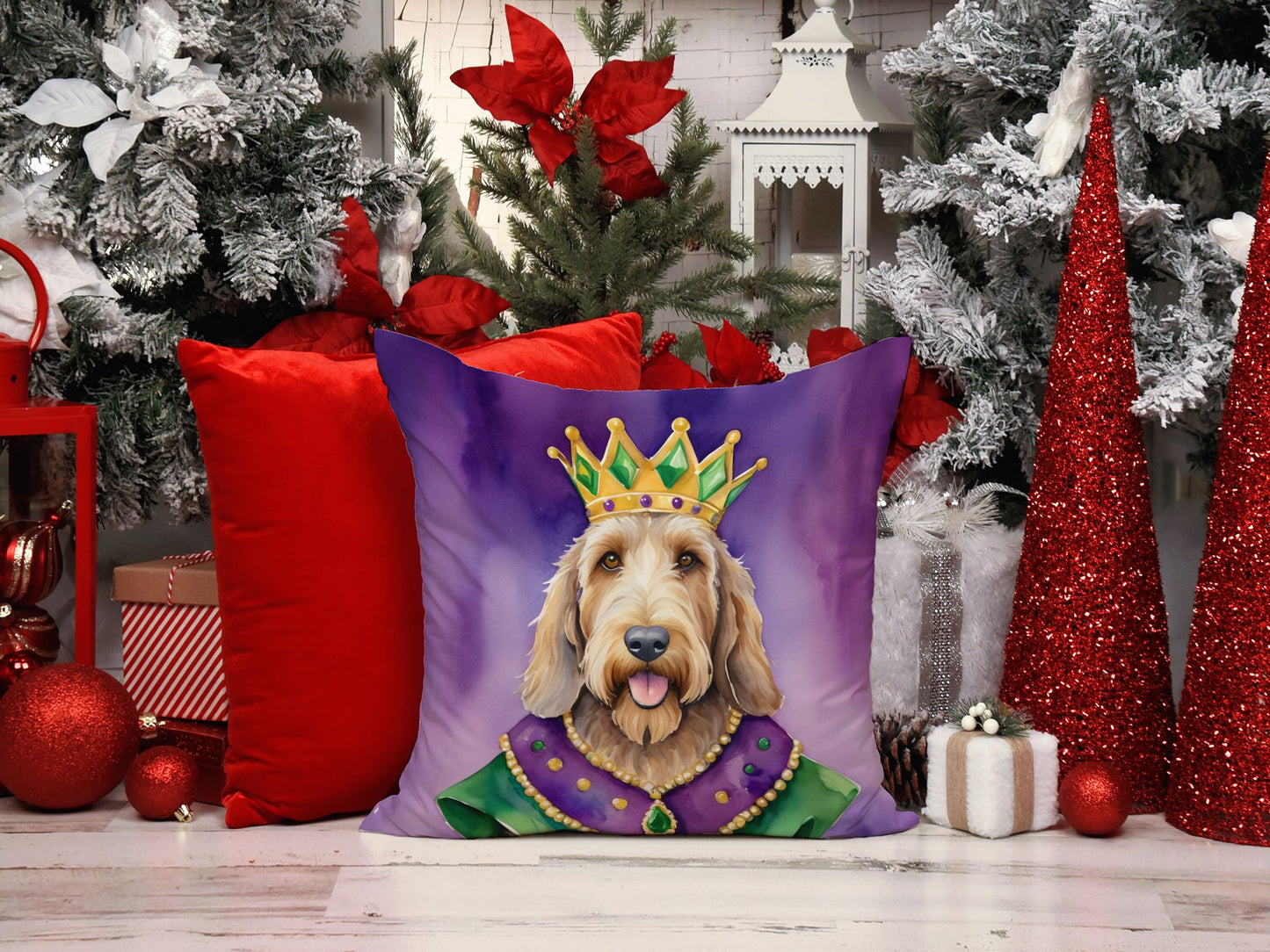 Otterhound King of Mardi Gras Throw Pillow Machine Washable, Indoor Outdoor Decorative Pillow for Couch, Bed or Patio, 18Hx18W