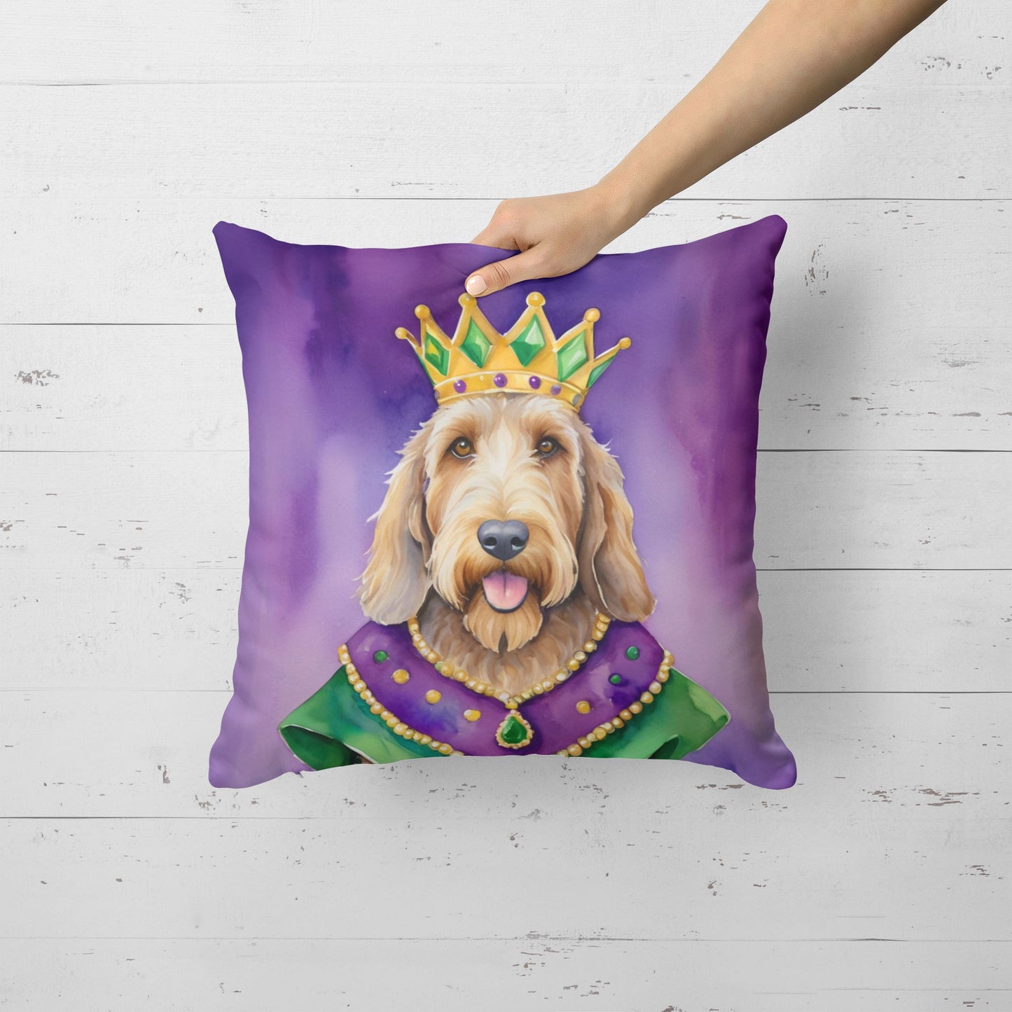 Otterhound King of Mardi Gras Throw Pillow Machine Washable, Indoor Outdoor Decorative Pillow for Couch, Bed or Patio, 18Hx18W