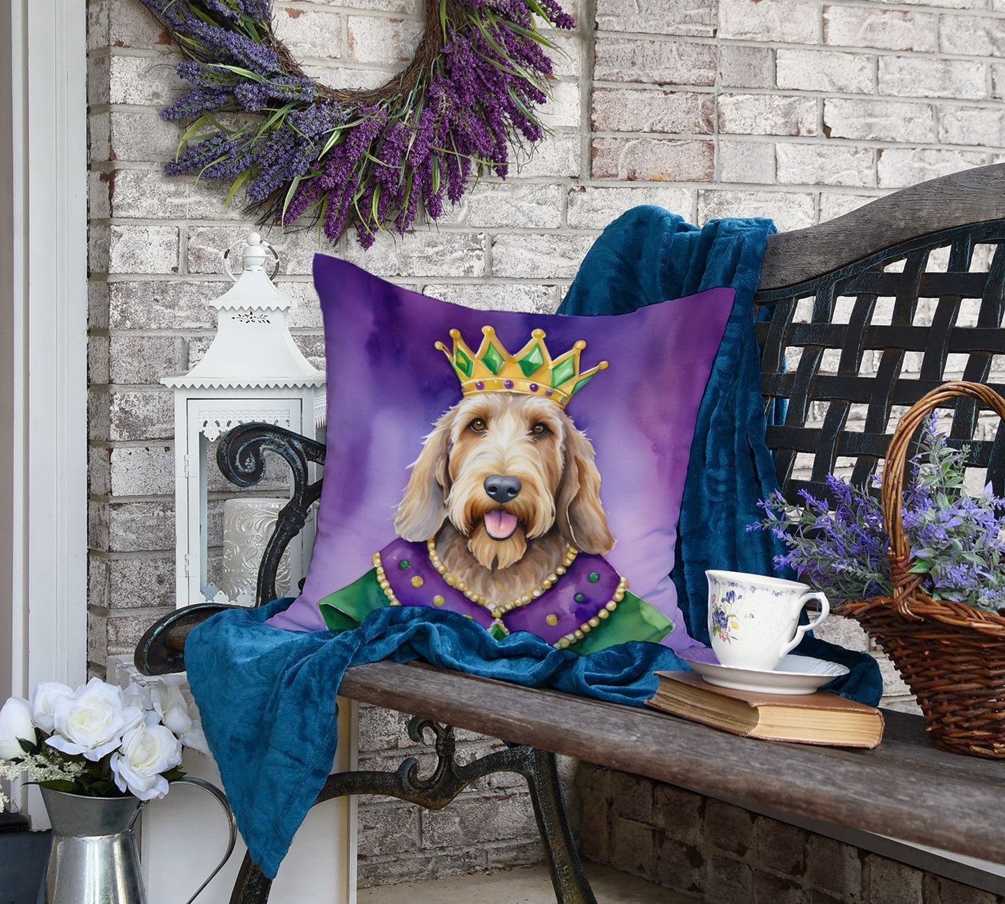 Otterhound King of Mardi Gras Throw Pillow Machine Washable, Indoor Outdoor Decorative Pillow for Couch, Bed or Patio, 18Hx18W