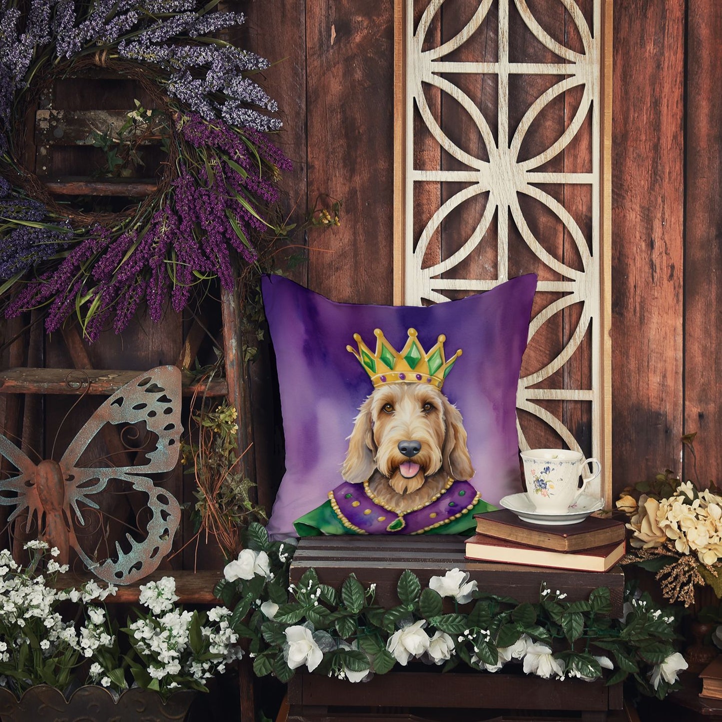 Otterhound King of Mardi Gras Throw Pillow Machine Washable, Indoor Outdoor Decorative Pillow for Couch, Bed or Patio, 18Hx18W