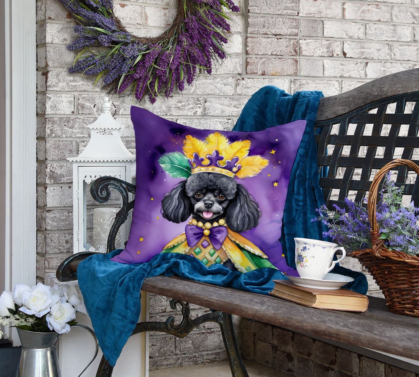 Black Poodle King of Mardi Gras Throw Pillow Machine Washable, Indoor Outdoor Decorative Pillow for Couch, Bed or Patio, 18Hx18W