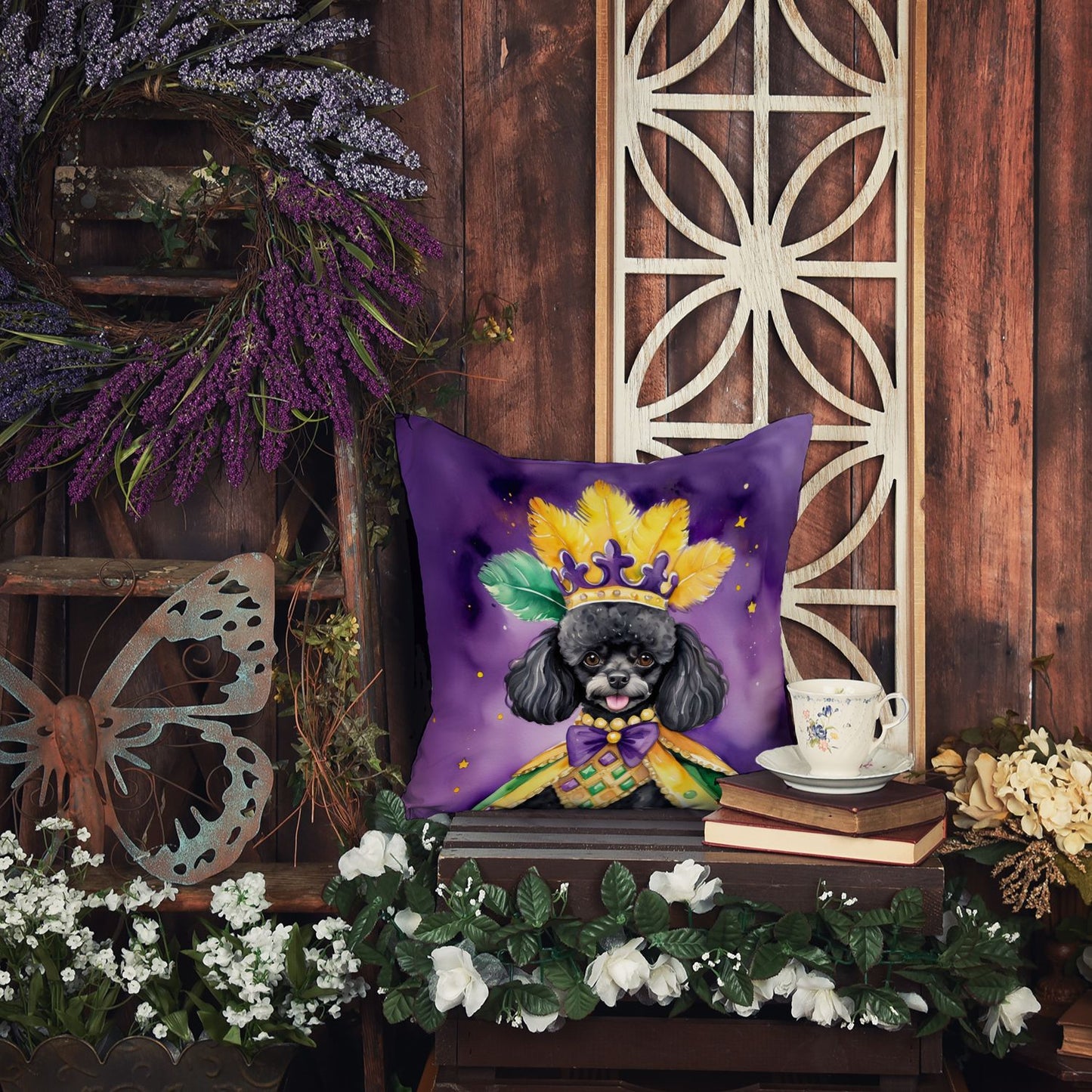 Black Poodle King of Mardi Gras Throw Pillow Machine Washable, Indoor Outdoor Decorative Pillow for Couch, Bed or Patio, 18Hx18W