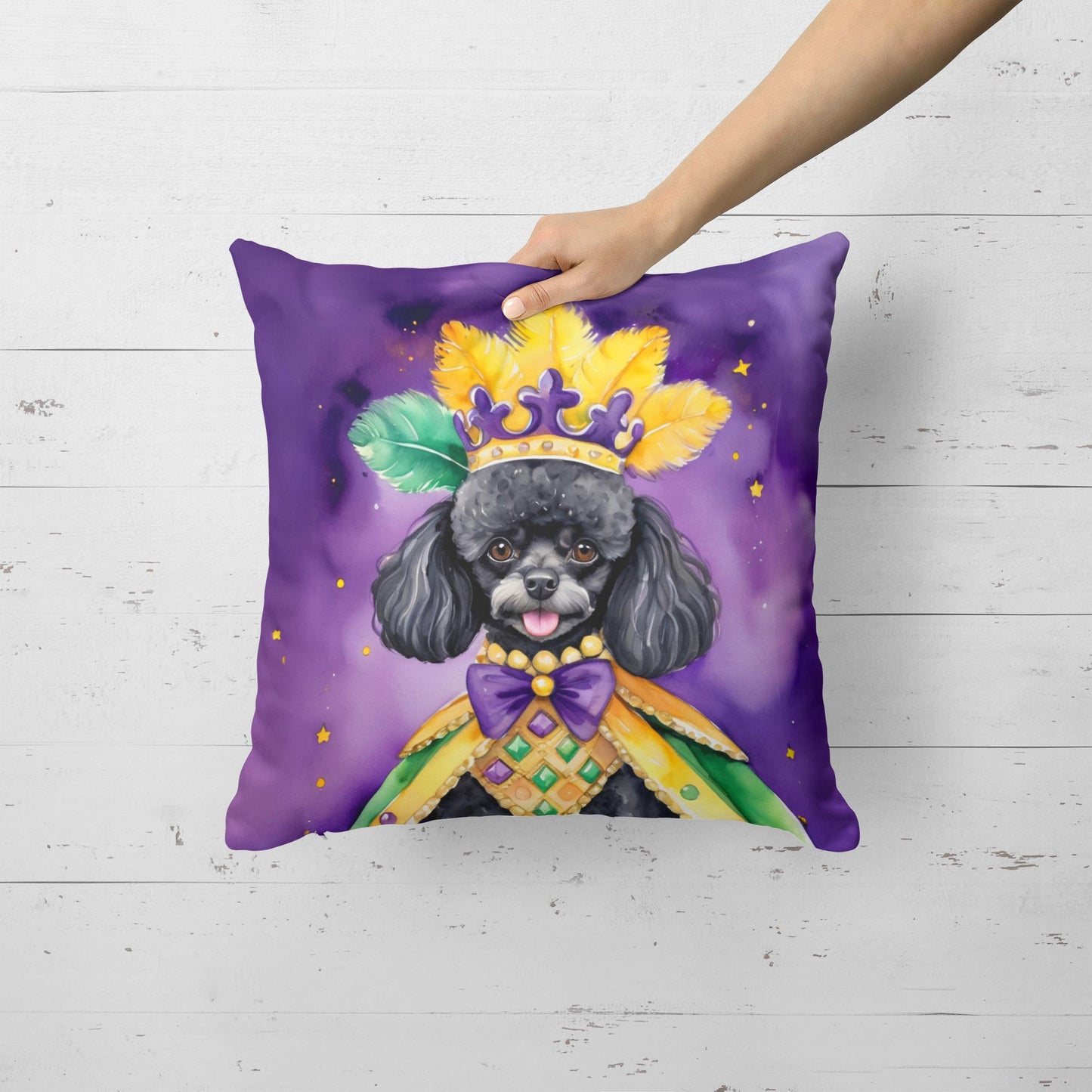 Black Poodle King of Mardi Gras Throw Pillow Machine Washable, Indoor Outdoor Decorative Pillow for Couch, Bed or Patio, 18Hx18W