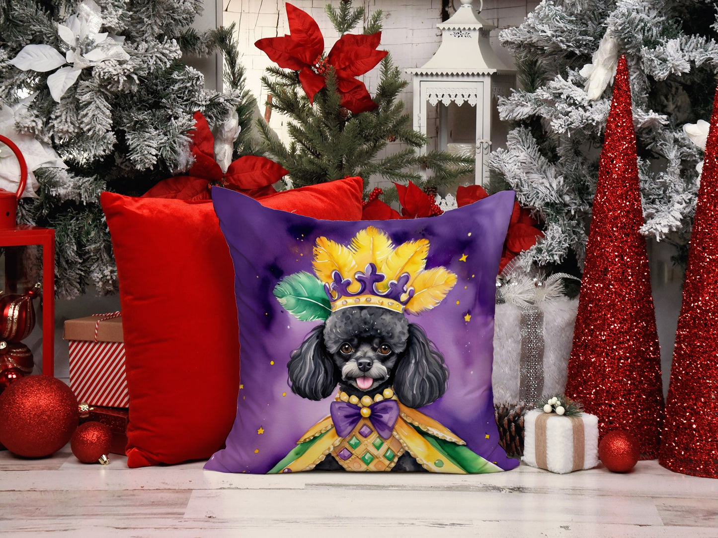 Black Poodle King of Mardi Gras Throw Pillow Machine Washable, Indoor Outdoor Decorative Pillow for Couch, Bed or Patio, 18Hx18W