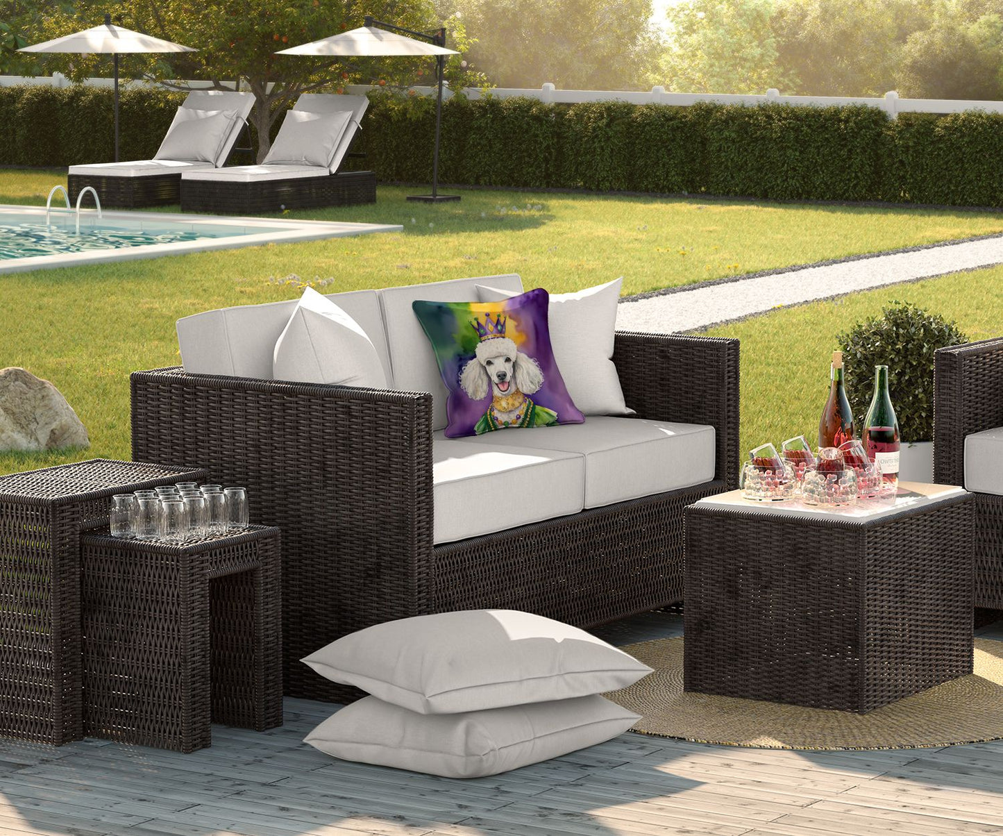 White Poodle King of Mardi Gras Throw Pillow Machine Washable, Indoor Outdoor Decorative Pillow for Couch, Bed or Patio, 18Hx18W