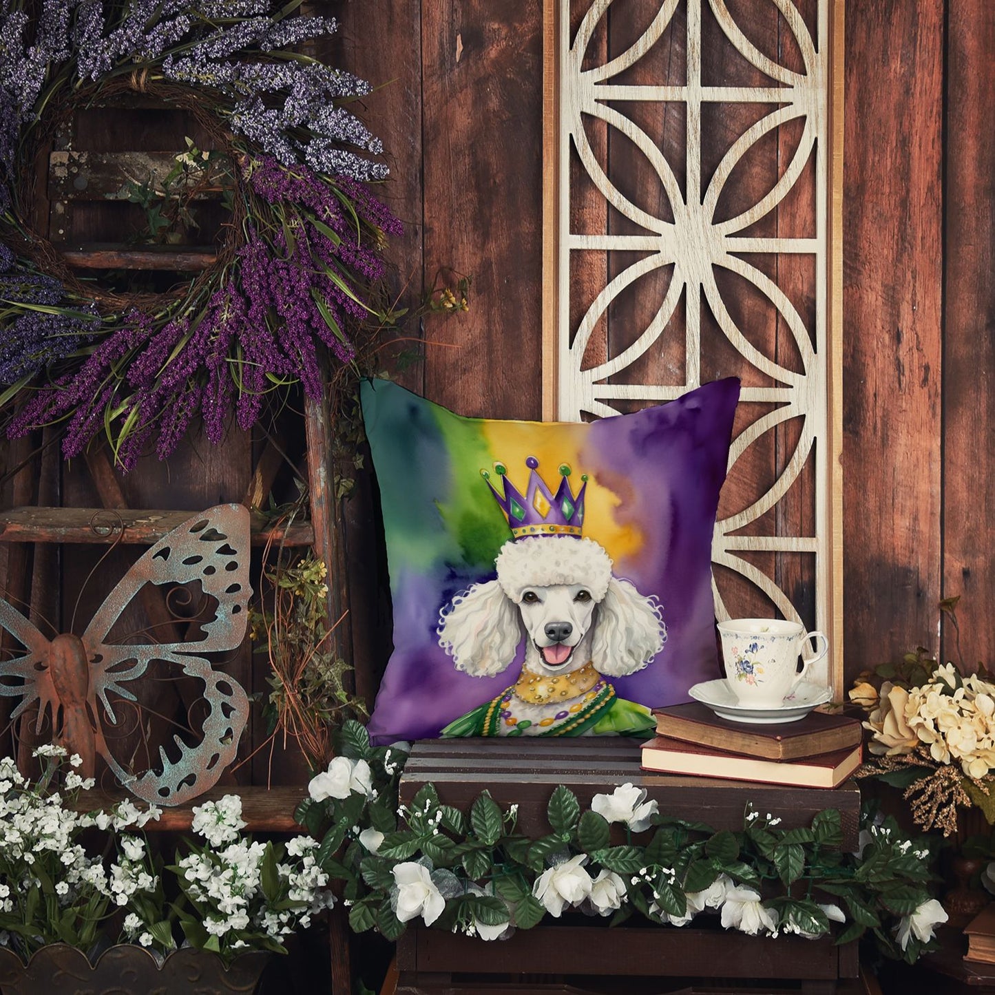 White Poodle King of Mardi Gras Throw Pillow Machine Washable, Indoor Outdoor Decorative Pillow for Couch, Bed or Patio, 18Hx18W