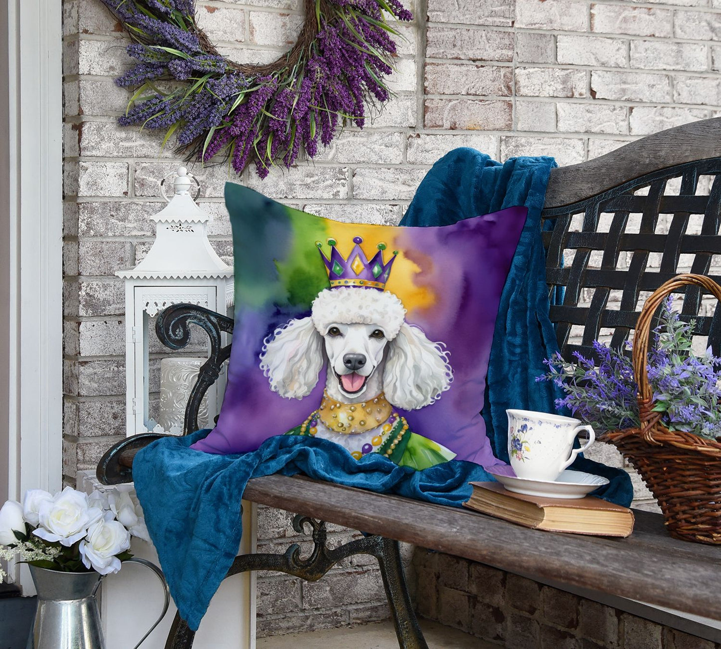 White Poodle King of Mardi Gras Throw Pillow Machine Washable, Indoor Outdoor Decorative Pillow for Couch, Bed or Patio, 18Hx18W